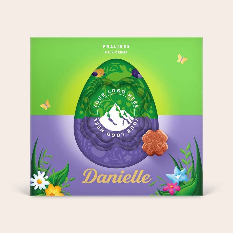 Personalizovaná darčeková krabička Milka 3D - Veľká noc Personalizovaná darčeková krabička Milka 3D s veľkonočným motívom, vytlačeným menom Danielle a vlastným logom