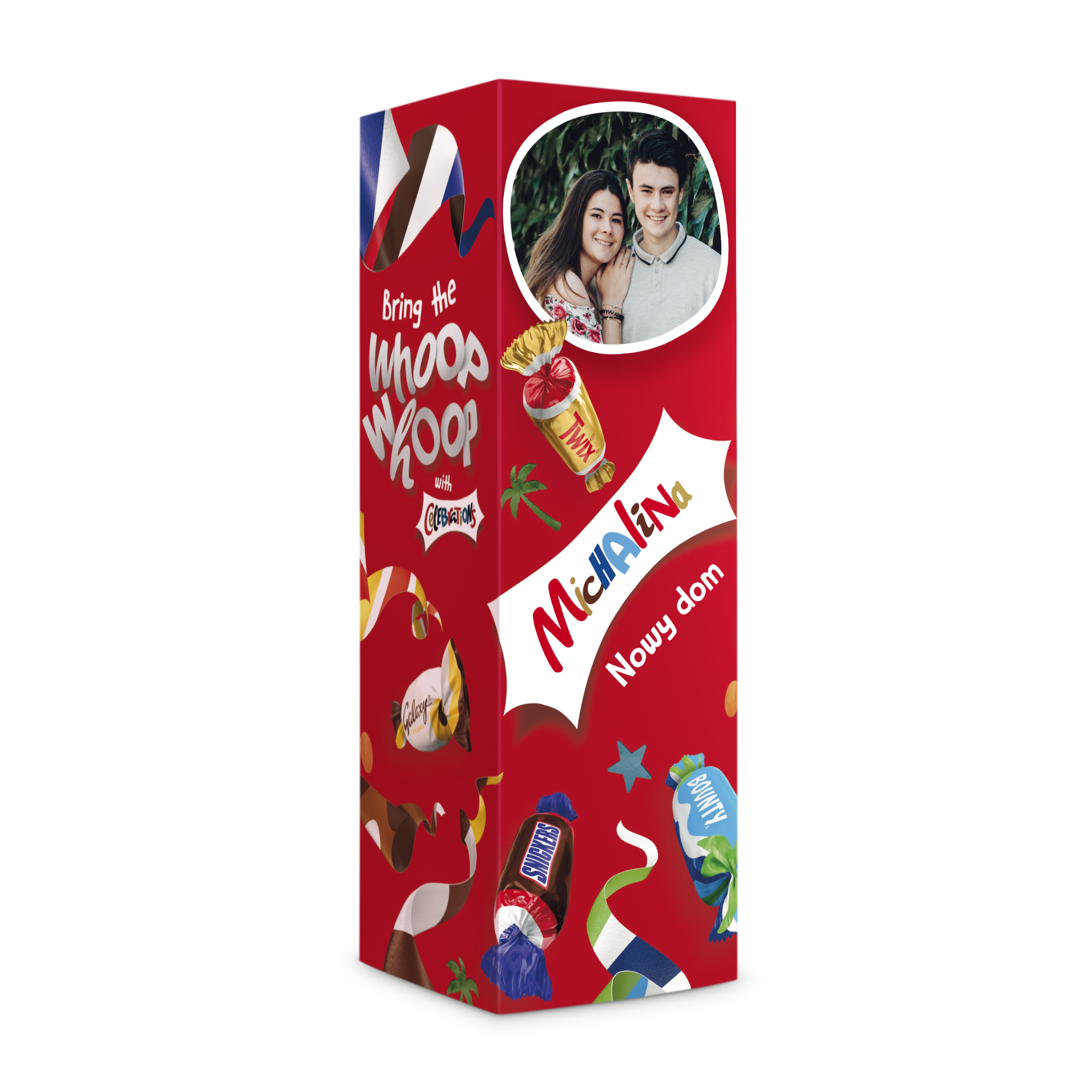 Personalizowana butelka z cukierkami Celebrations, ze zdjęciem pary i tekstem 