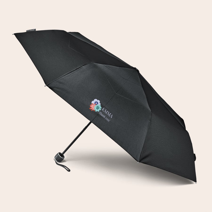 Personalizowany parasol Czarny składany parasol z własnym nadrukiem Emma thank you! i kolorowym wzorem kwiatowym