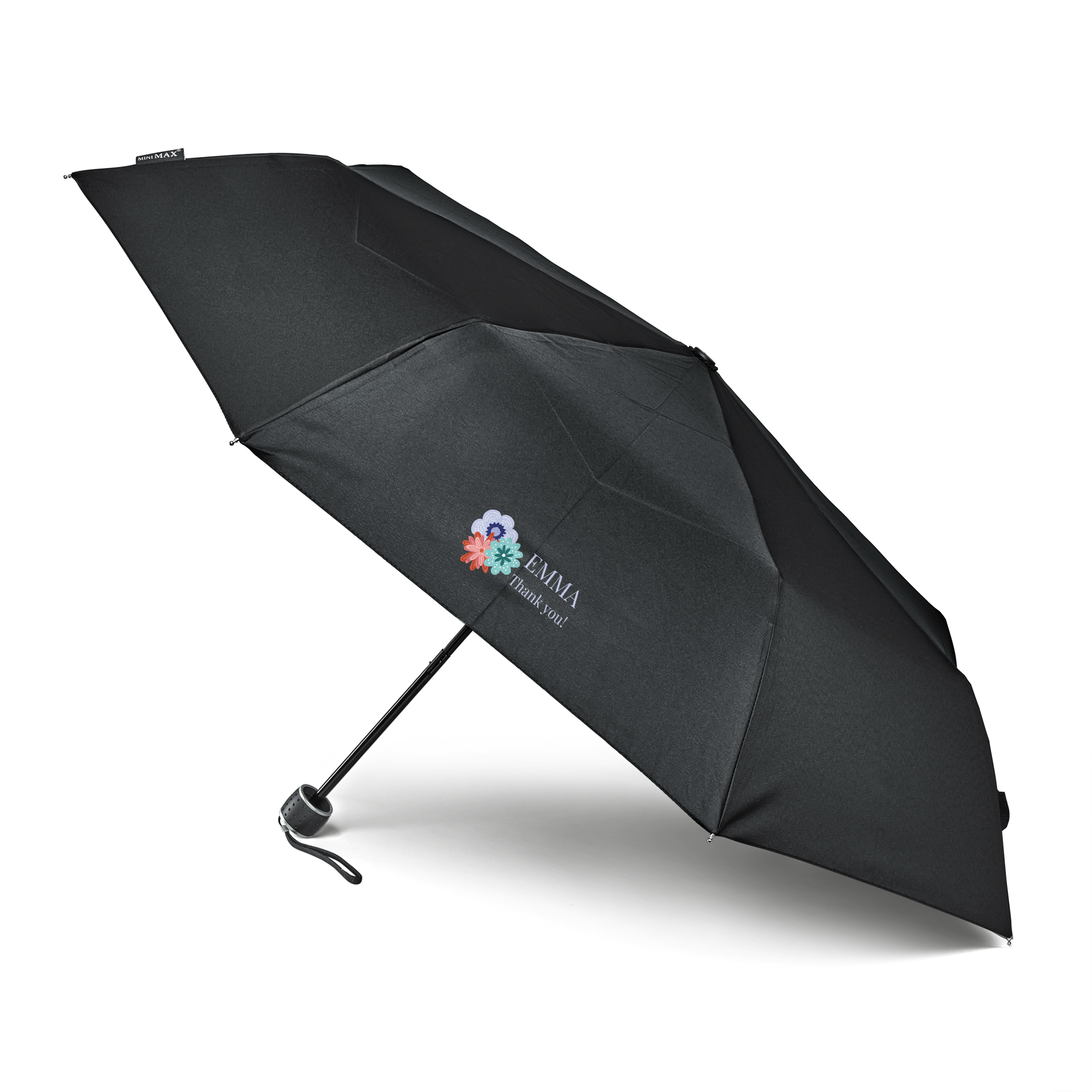 Black pocket umbrella printed with colorful flowers and the name Emma, a personalized design
