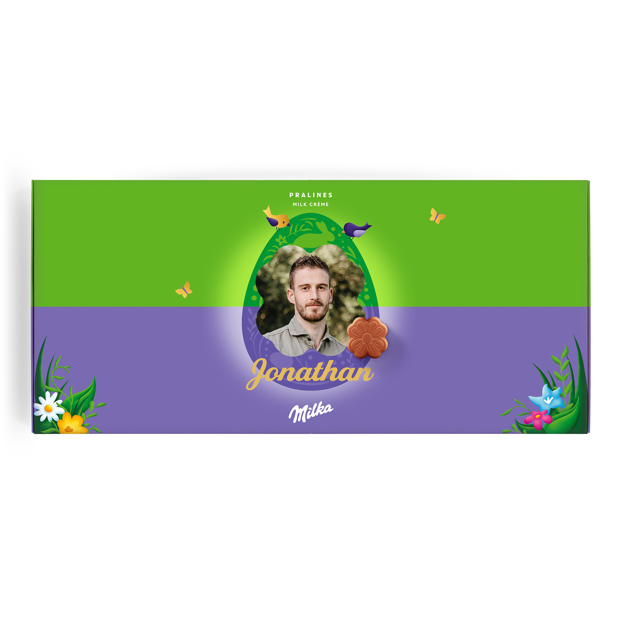 Personalised Say it with Milka chocolate gift box with a custom photo, name Jonathan, and Milka chocolate praline