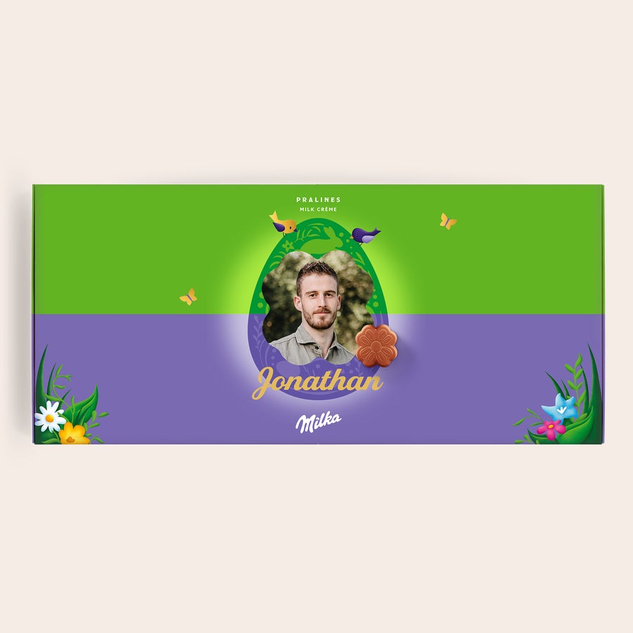Praline Milka Paște Cutie cadou personalizată Spune-l cu ciocolată Milka, imprimată cu o fotografie și numele Jonathan