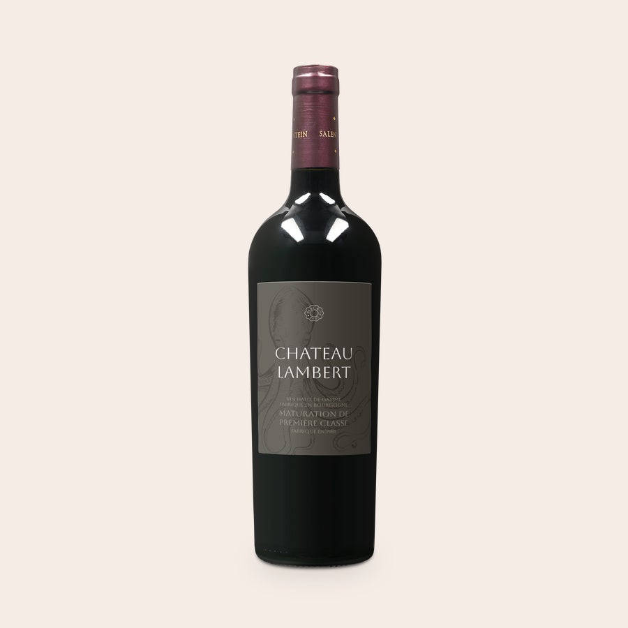 Vin Salentein Merlot personnalisé Bouteille de vin Salentein Merlot avec étiquette personnalisée Chateau Lambert, étiquette imprimée avec photo et texte.