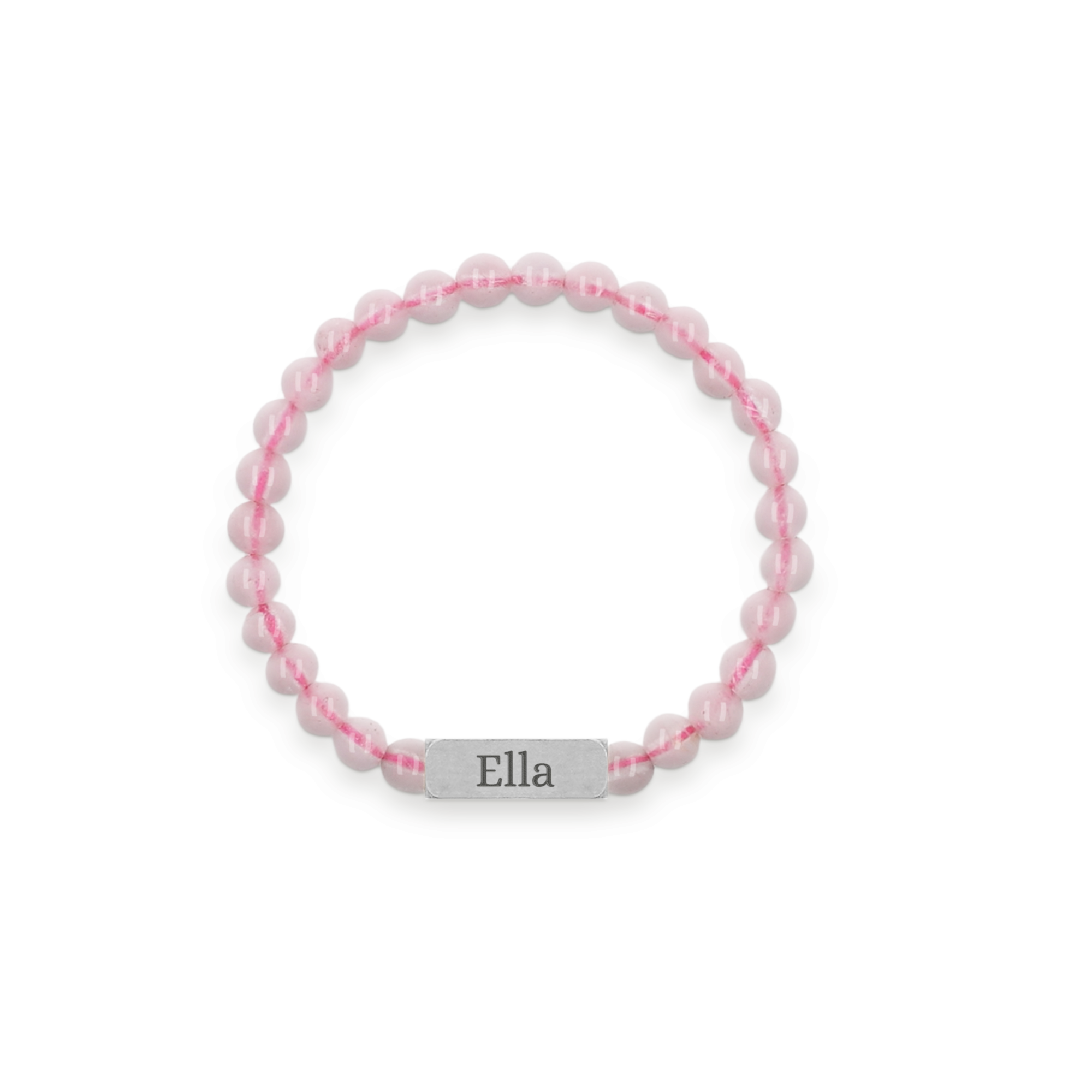 Rosenquarz Armband mit Gravur für Kinder, Größe S, 4mm, Silber. Graviert mit dem Namen Ella auf einer silbernen Plakette.