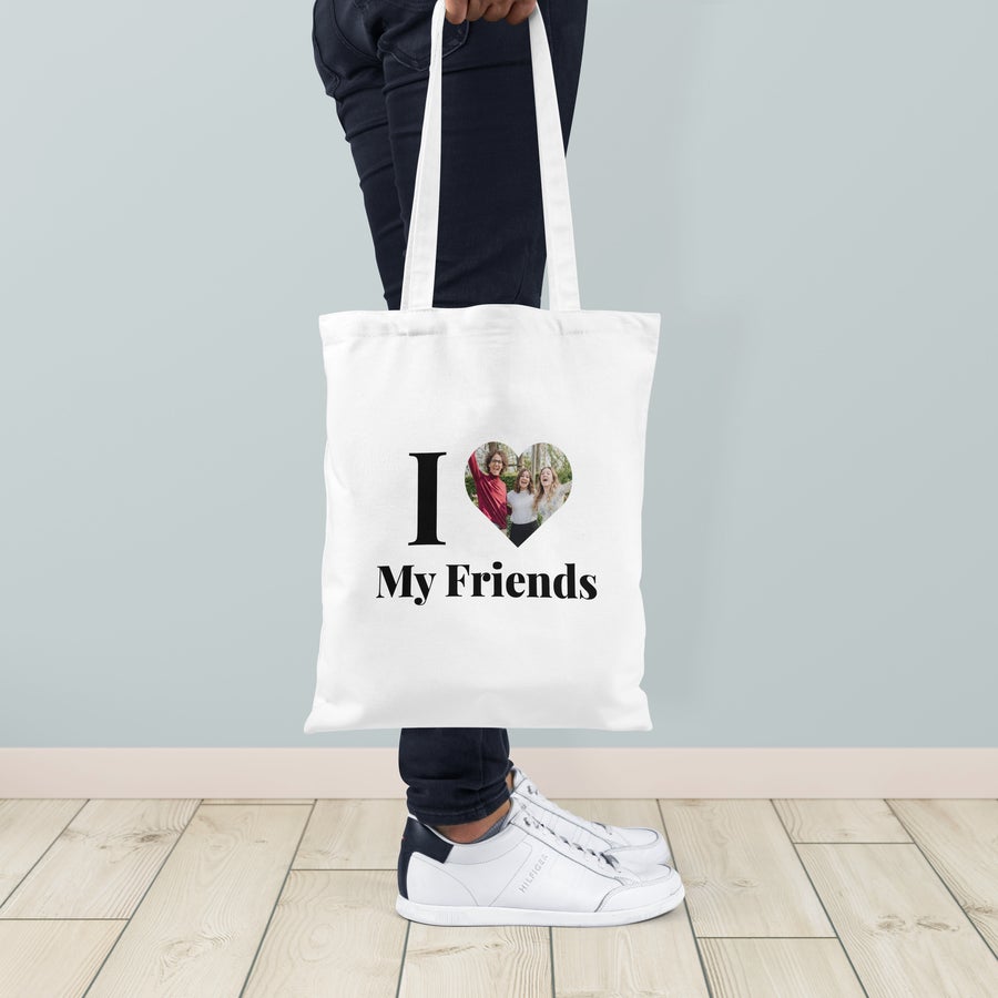 Jutebeutel Weißer Jutebeutel bedruckt mit "I ❤️ My Friends" und einem Foto in Herzform