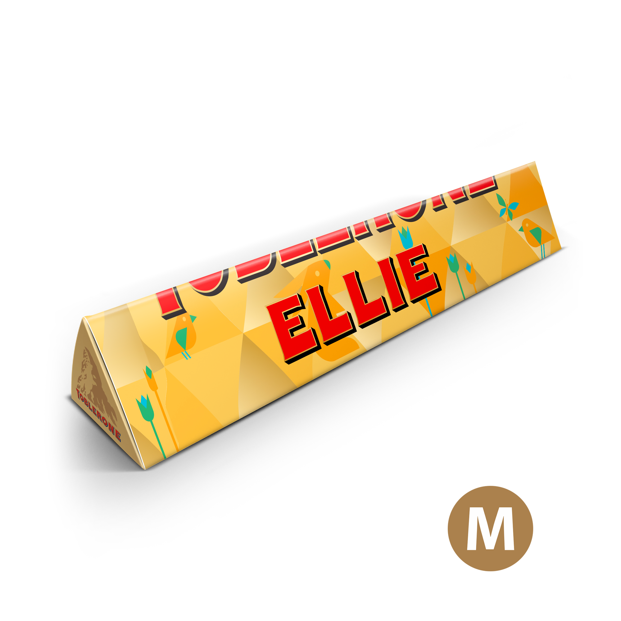 Påske-Toblerone-sjokolade, personalisert med navn ELLIE trykt på emballasjen.