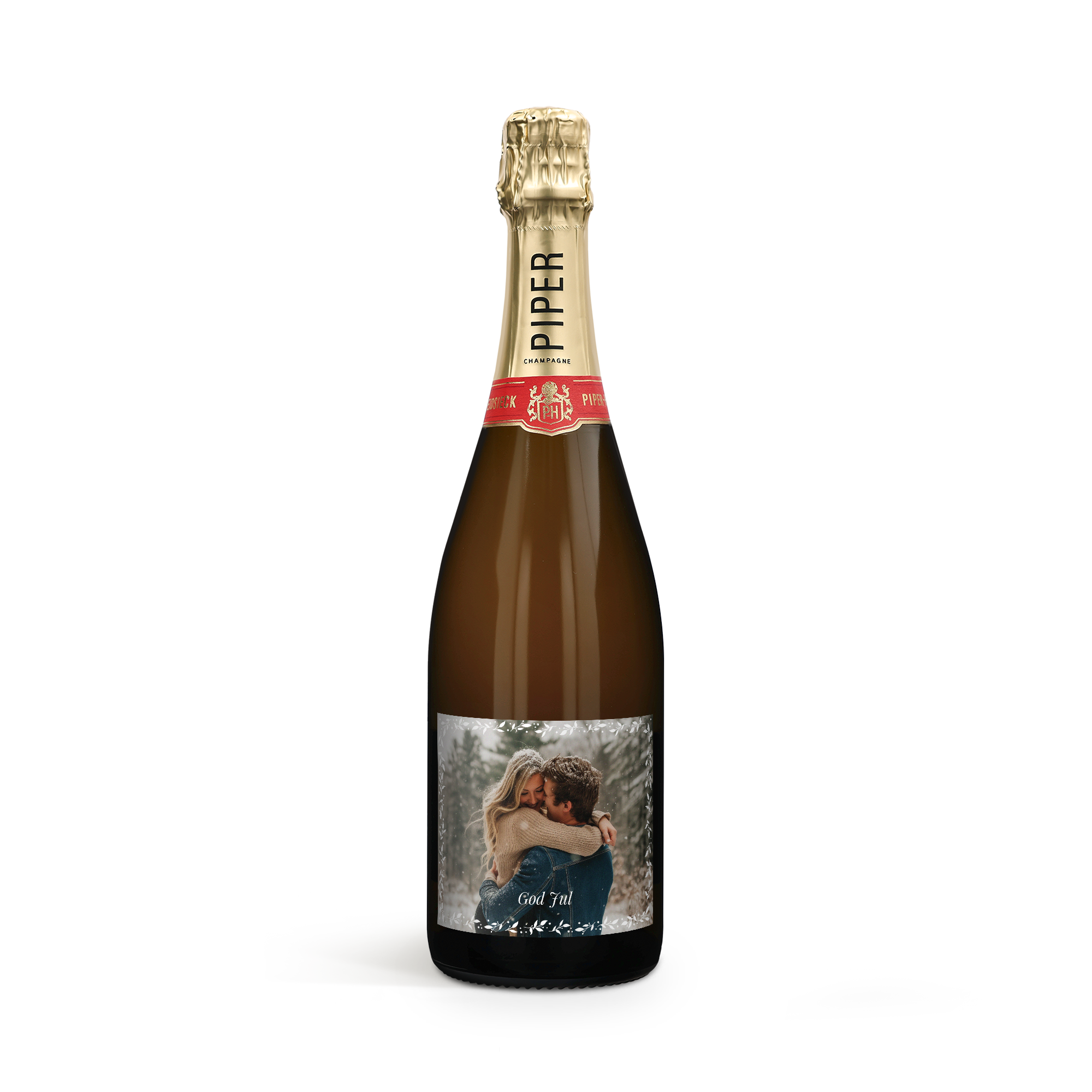 Flaska Piper Heidsieck Brut champagne med personlig etikett med foto av ett par och texten God Jul