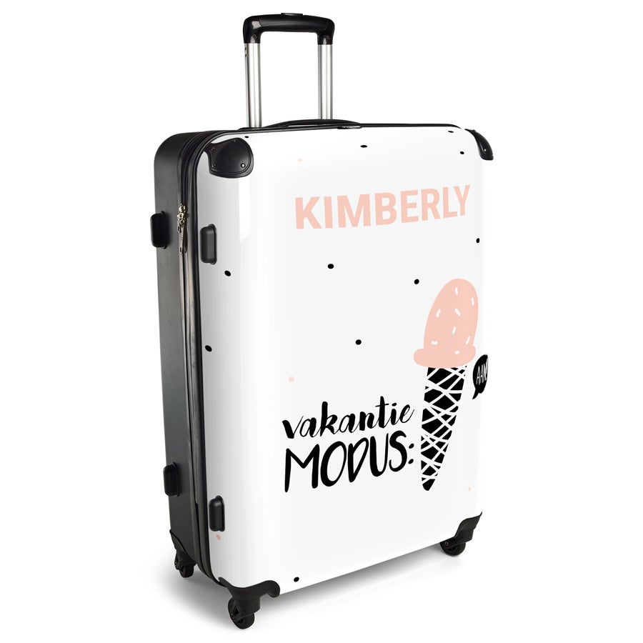 Witte Princess XXL fotokoffer bedrukt met naam Kimberly, een ijsje en de tekst vakantie modus.