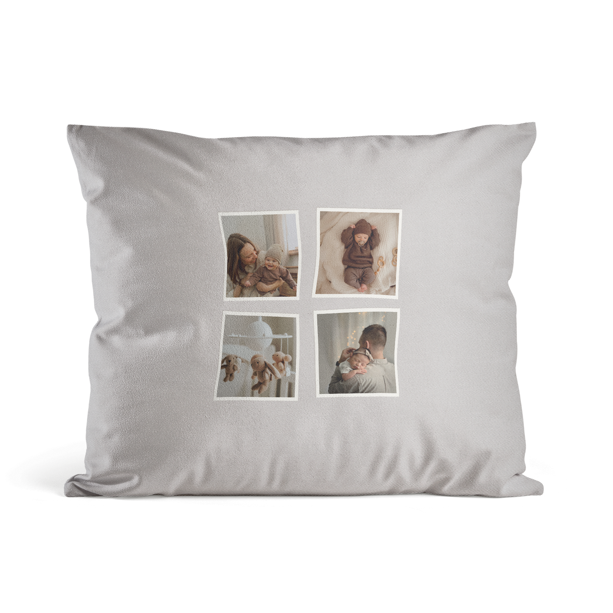Coussin couleur gris personnalisé avec quatre photos différentes imprimées du même bébé