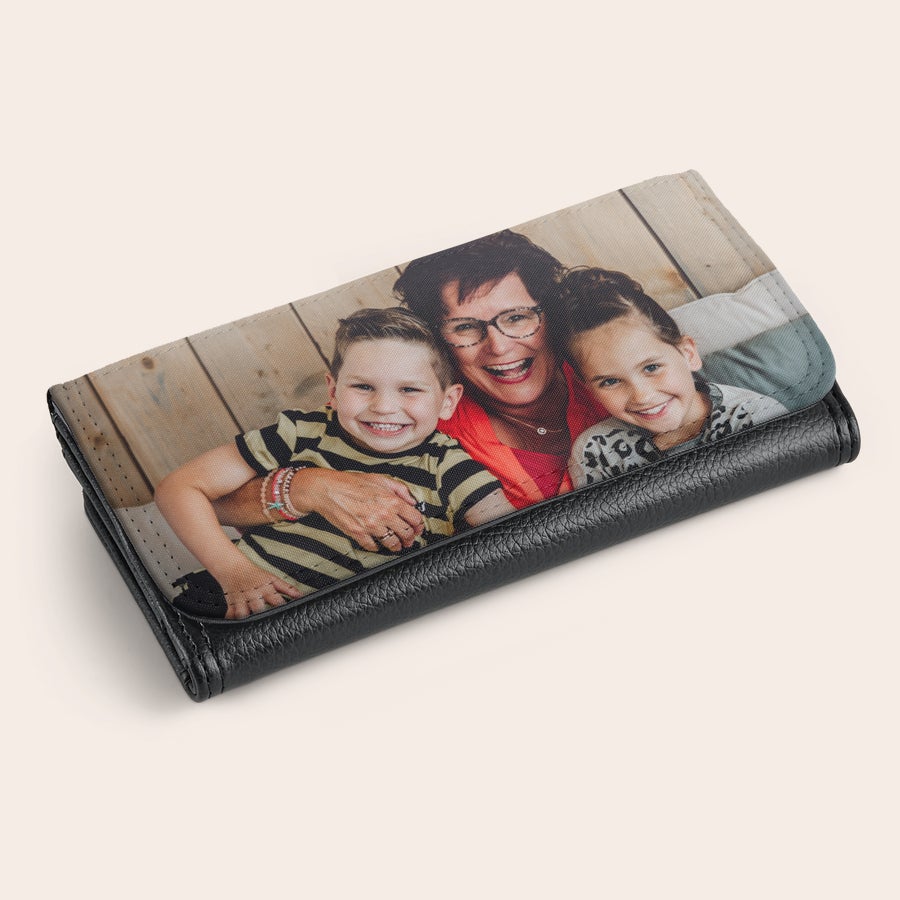 Portafoglio Portafoglio grande in pelle nera con foto stampata di una nonna e due bambini come regalo