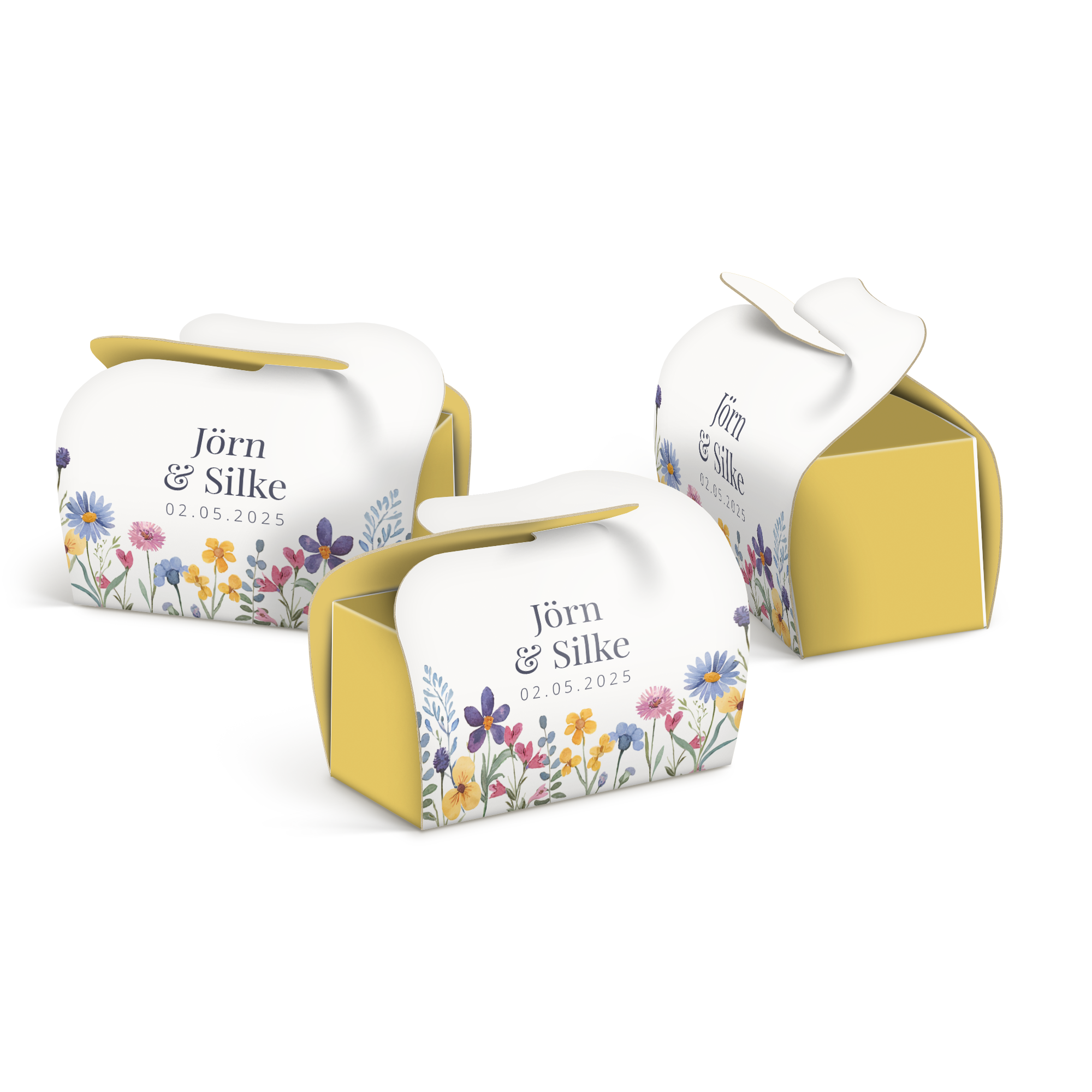 Bedruckte Geschenkboxen mit gelbem Inneren und Blumenmuster, personalisiert mit "Jörn & Silke" und dem Datum 02.05.2025. Schaffen Sie kleine Momente der Freude mit Ihrem einzigartigen Design.