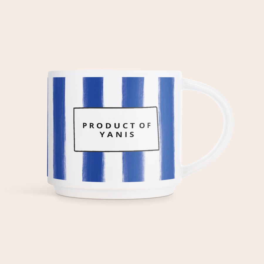 Tasses empilables avec photo Tasse empilable personnalisée blanche rayée bleu avec texte Product of Yanis imprimé