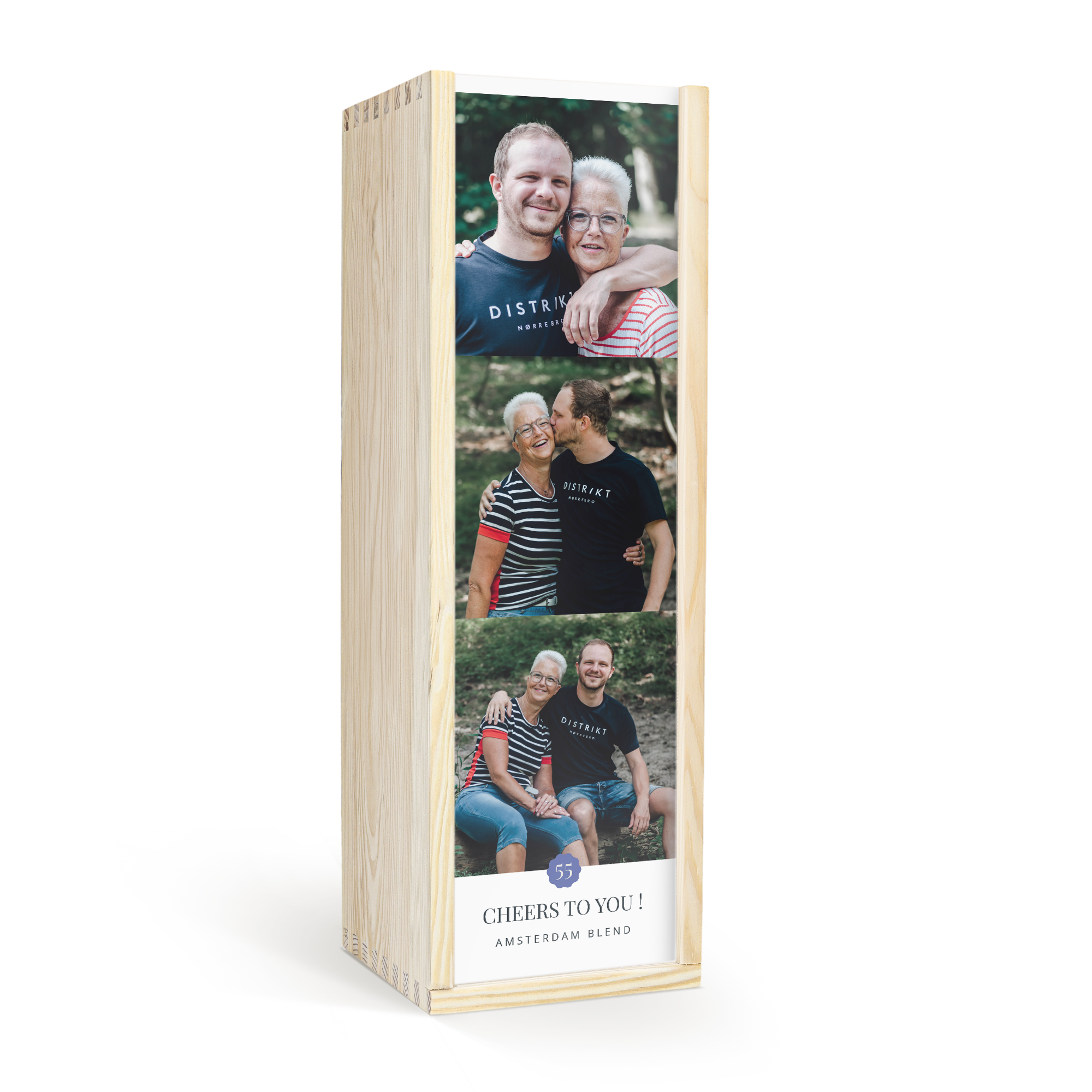 Luxe houten kist met persoonlijke bedrukking van drie foto's en tekst Cheers To You