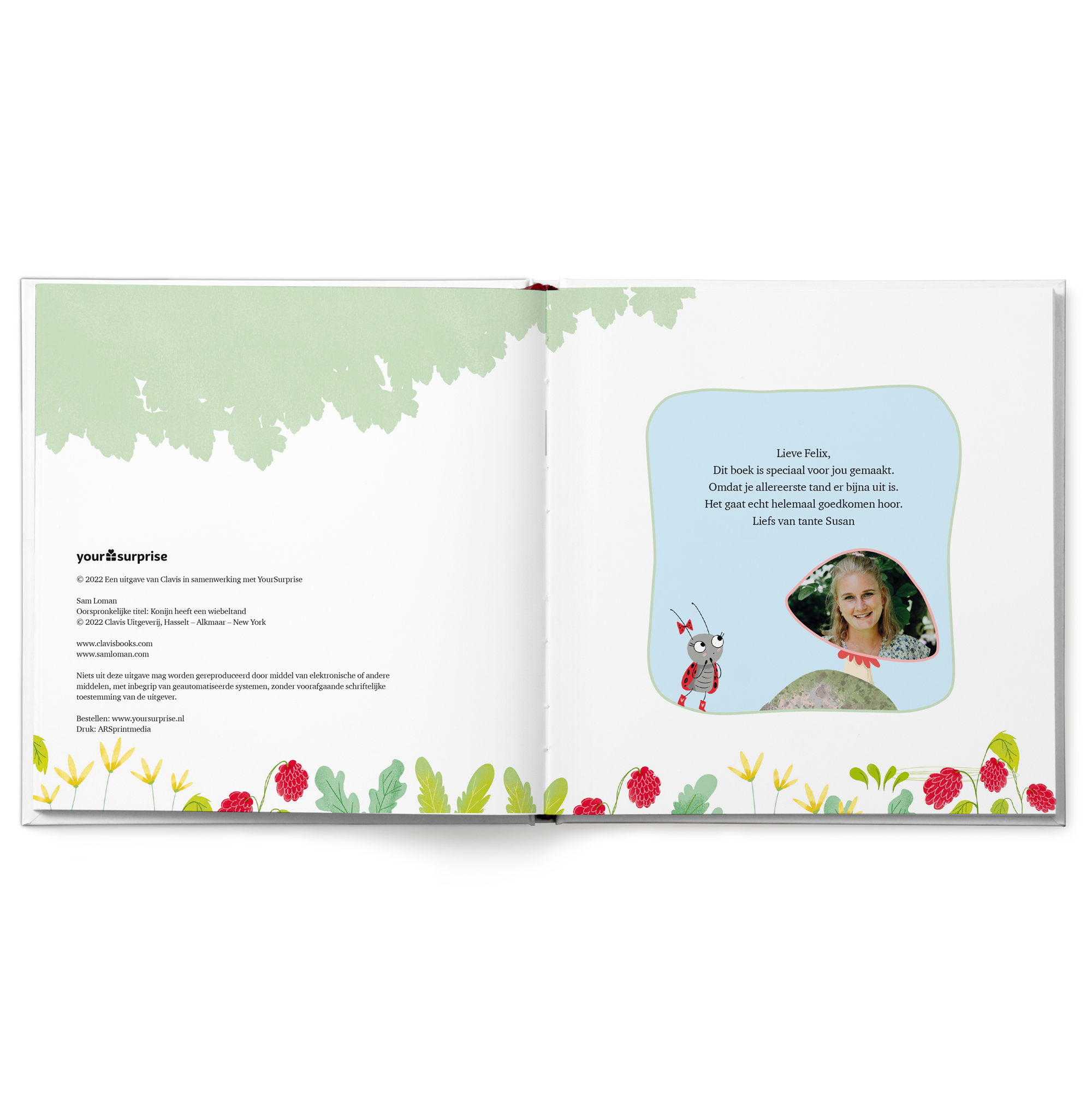 Open kinderboek met gepersonaliseerde foto van een meisje en tekst voor Felix over zijn eerste tand. Laat een kindje de hoofdrol spelen in een prentenboek over het wisselen van zijn of haar eerste tand.