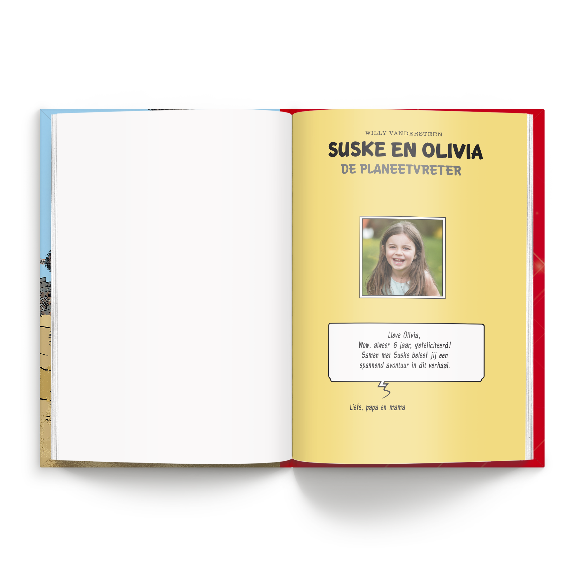 Persoonlijk stripboek Suske en Wiske De Planeetvreter Hardcover met een eigen foto en tekst gedrukt, geopend op de gepersonaliseerde pagina voor Olivia.