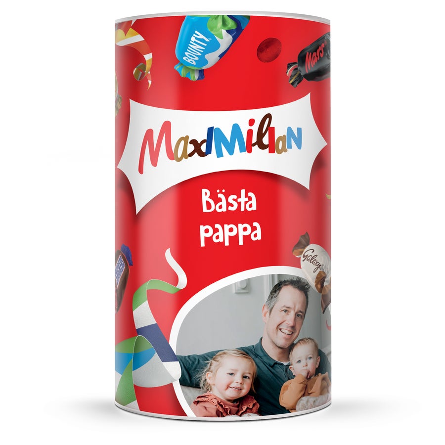 Personligt Celebrations-rör Rött Celebrations-rör med texten "Bästa pappa", personligt foto, anpassat med namn och tryckt design.