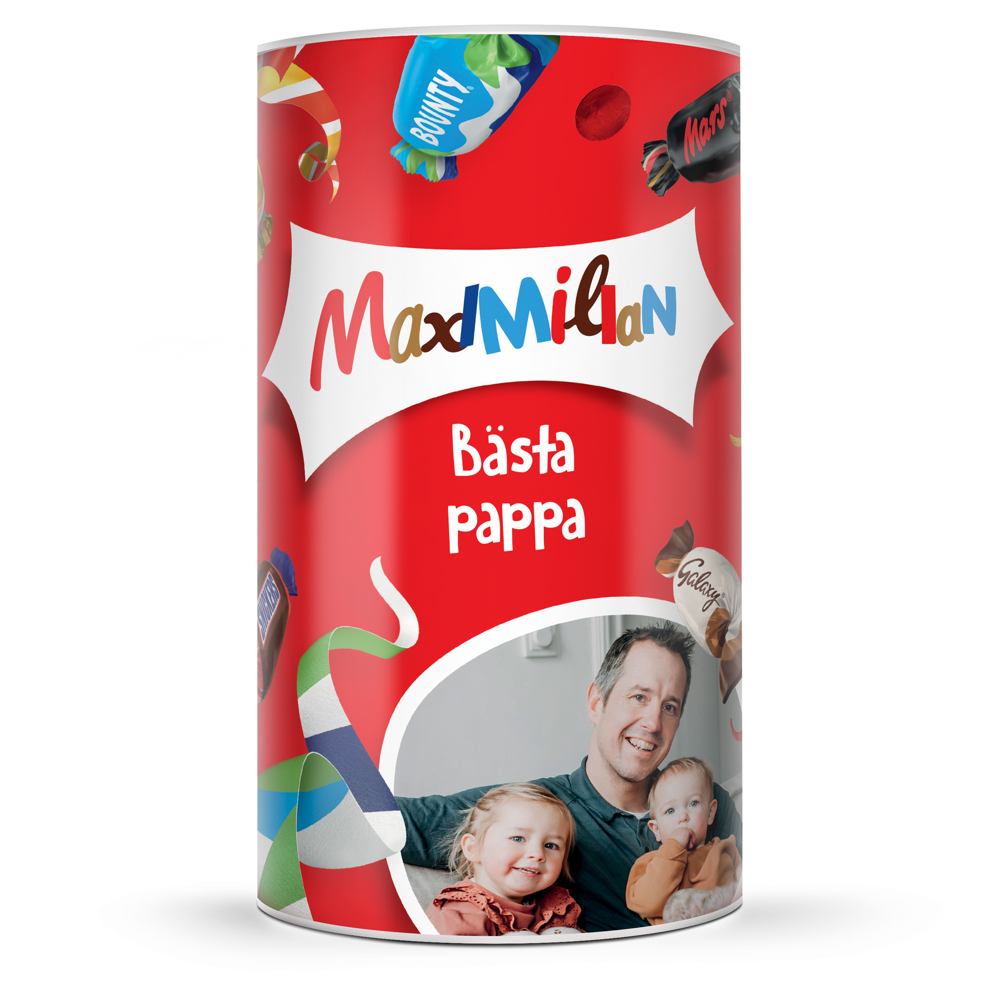 Personligt Celebrations-rör med tryckt foto av pappa och barn, namnet Maximilian och texten 