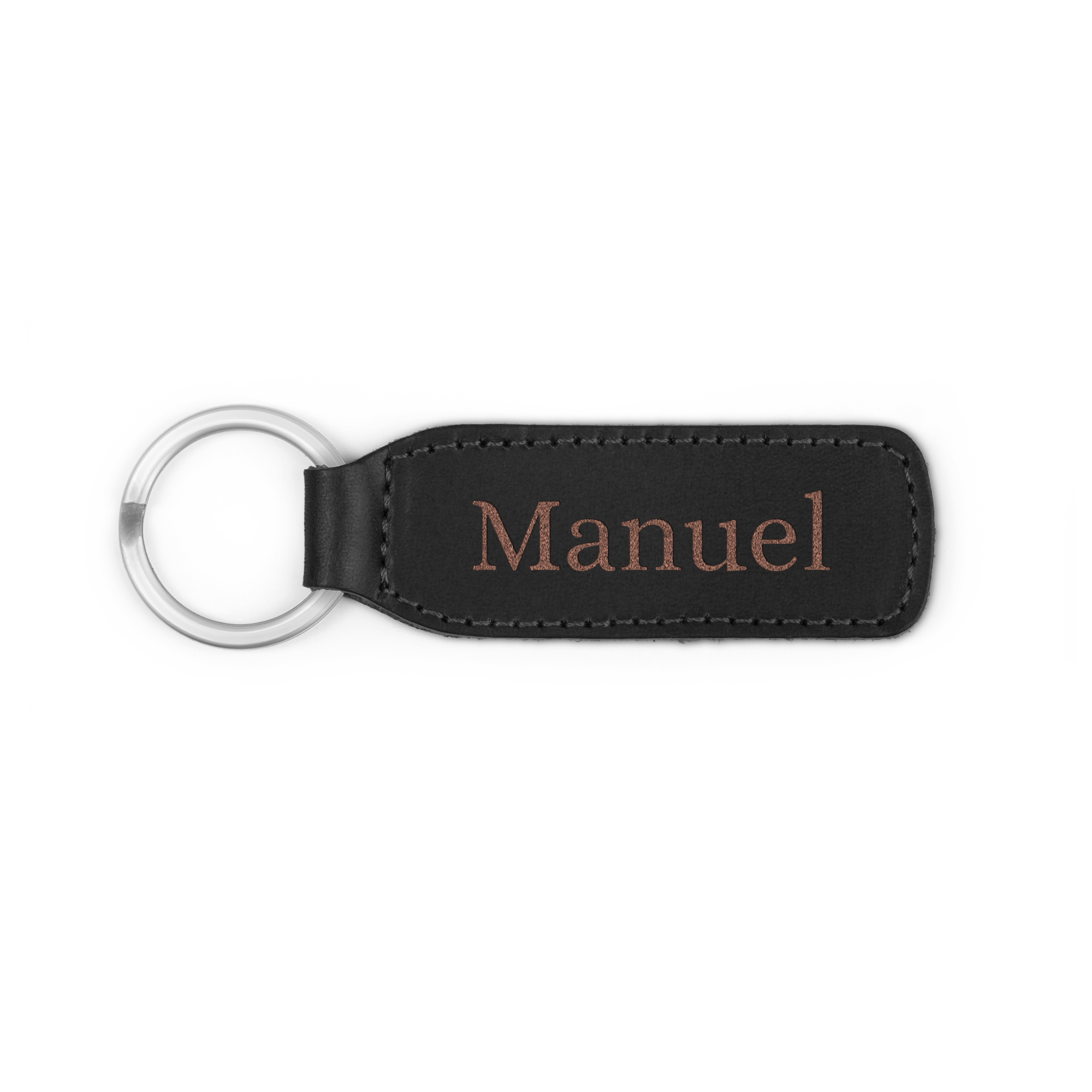 Porte-clé en cuir noir avec prénom Manuel gravé au laser, offrant un porte-clé avec prénom gravé.