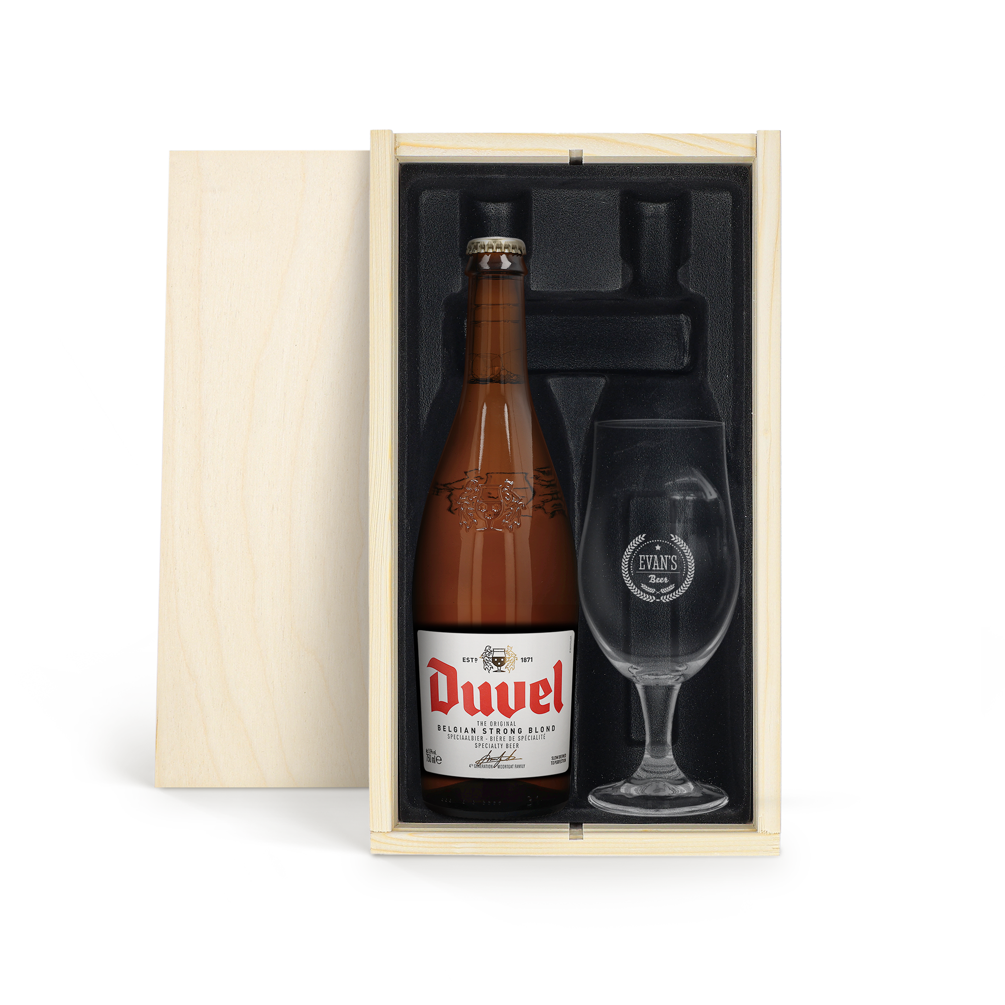 Wooden beer gift set with Duvel beer and a personalized beer glass engraved with "Evan's Beer".