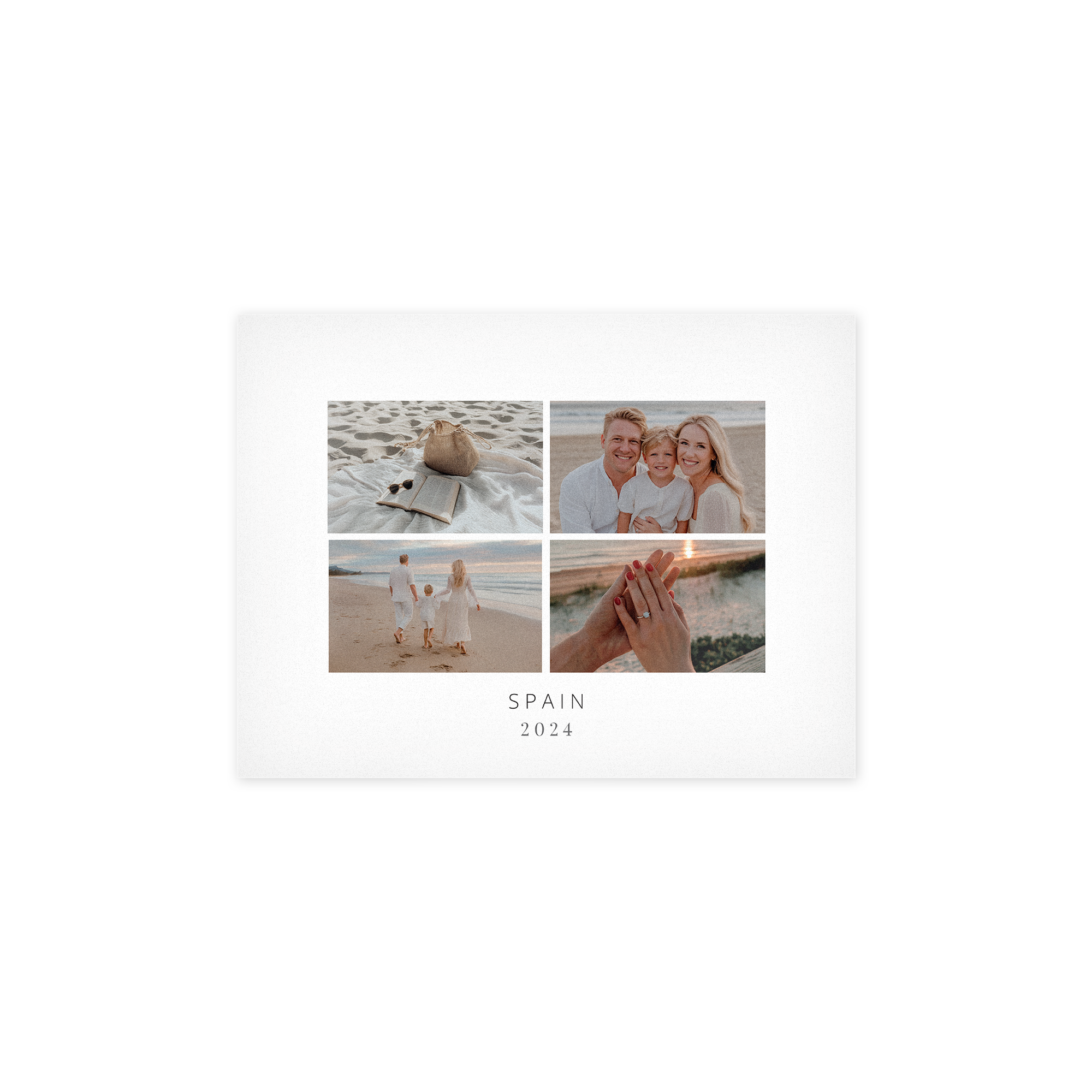 Forex paneel met een gepersonaliseerde fotocollage van strandmomenten, inclusief de tekst "SPAIN 2024", gedrukt op forex.