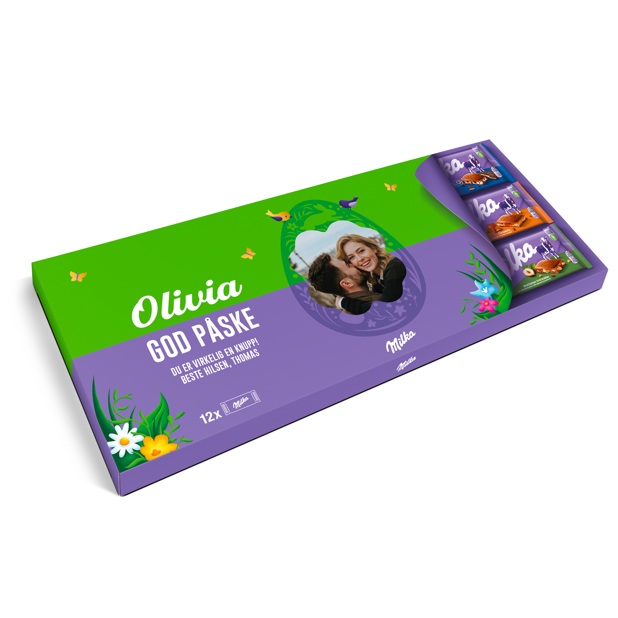 XXL personlig Milka sjokoladeplate - 12 barer i påskeemballasje med trykt bilde og personlig hilsen 