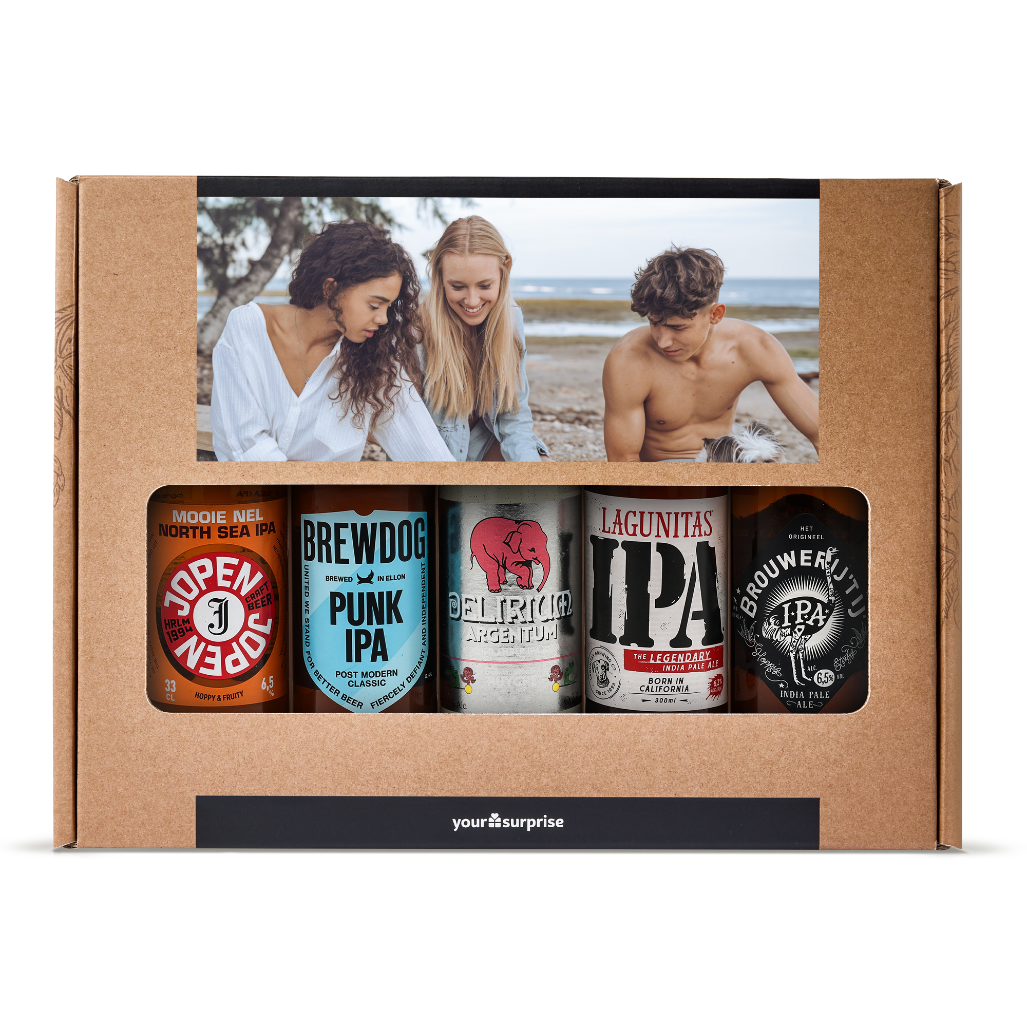 Coffret cadeau de bière de microbrasserie personnalisé avec photo sur le couvercle et cinq bières
