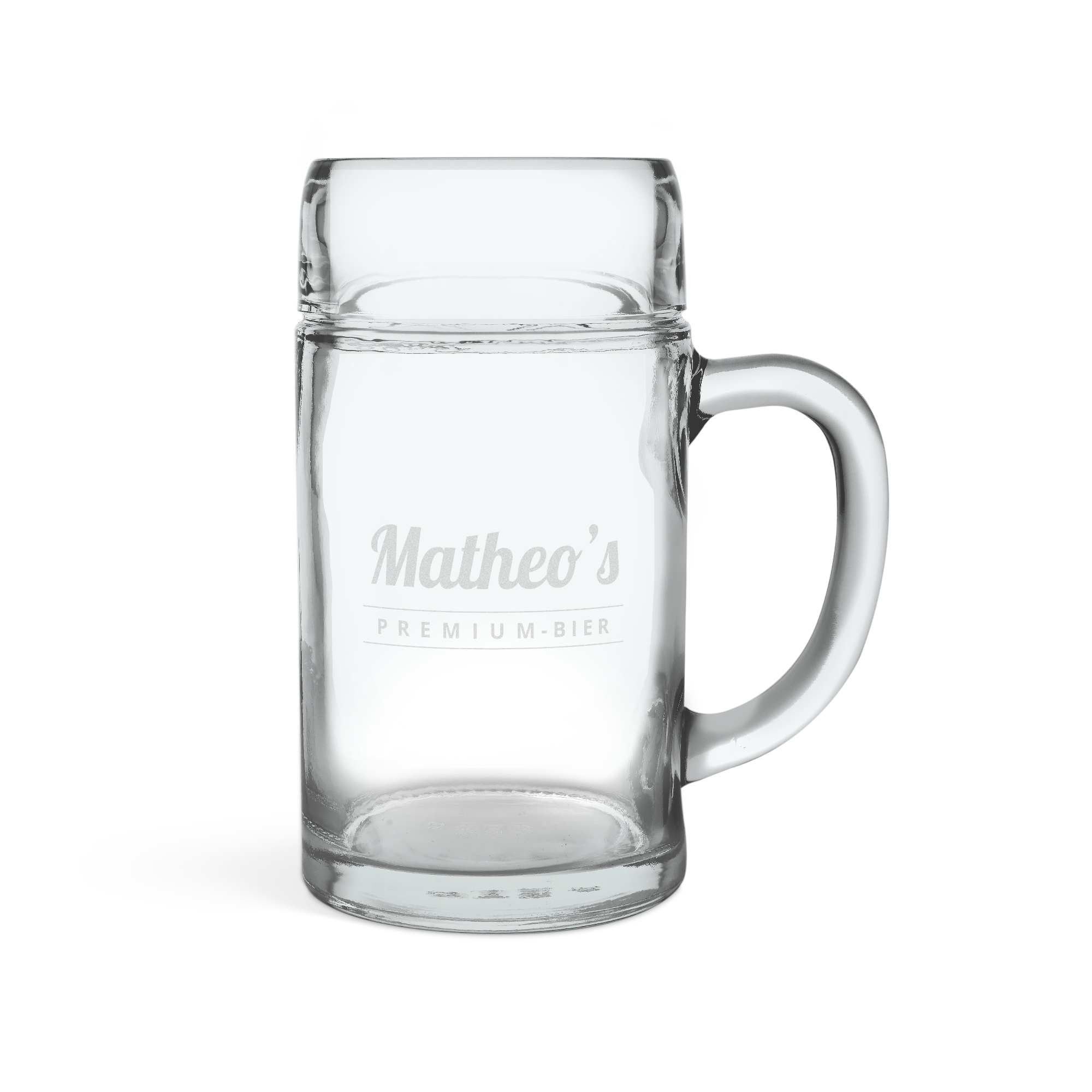 Personalisierter Bierkrug 1 Liter aus Glas mit dem Namen Matheo's und dem Text Premium-Bier, graviert.