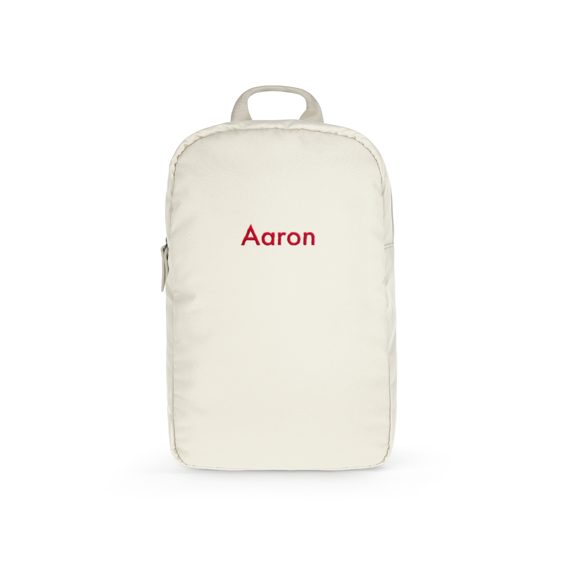 Personalised puffer backpack - Children - Beige, featuring the embroidered name Aaron in red on the front.