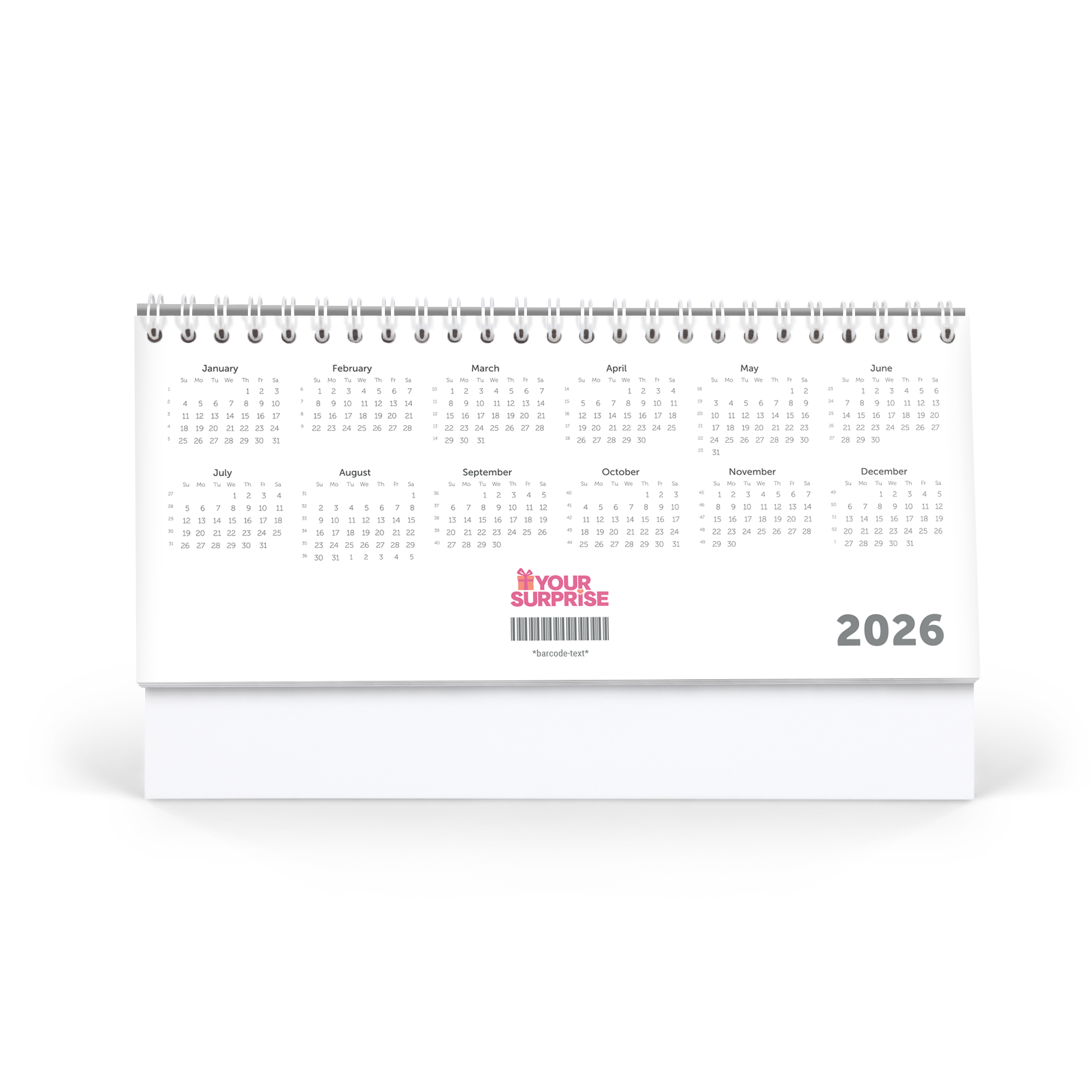 Calendar desktop personalizat pentru anul 2026, cu design simplu și date clare.