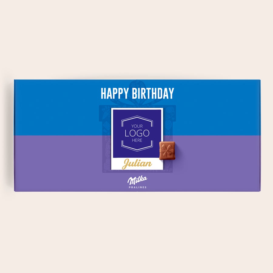 Milka Pralines Happy Birthday Milka chocolade cadeau voor verjaardag, bedrukt met naam Julian en Happy Birthday tekst.