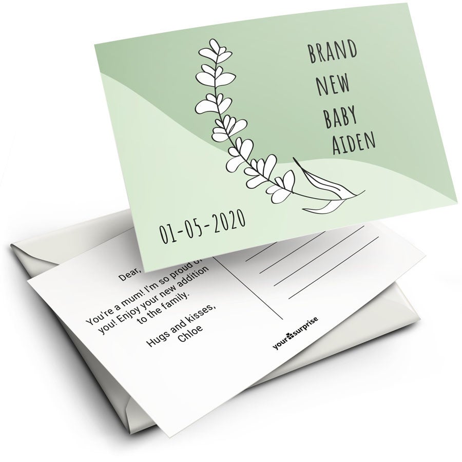 Personalizovaná pohlednice s textem Brand New Baby Aiden a datem 01-05-2020. Zašlete pohlednici s pozdravem pro novorozence!