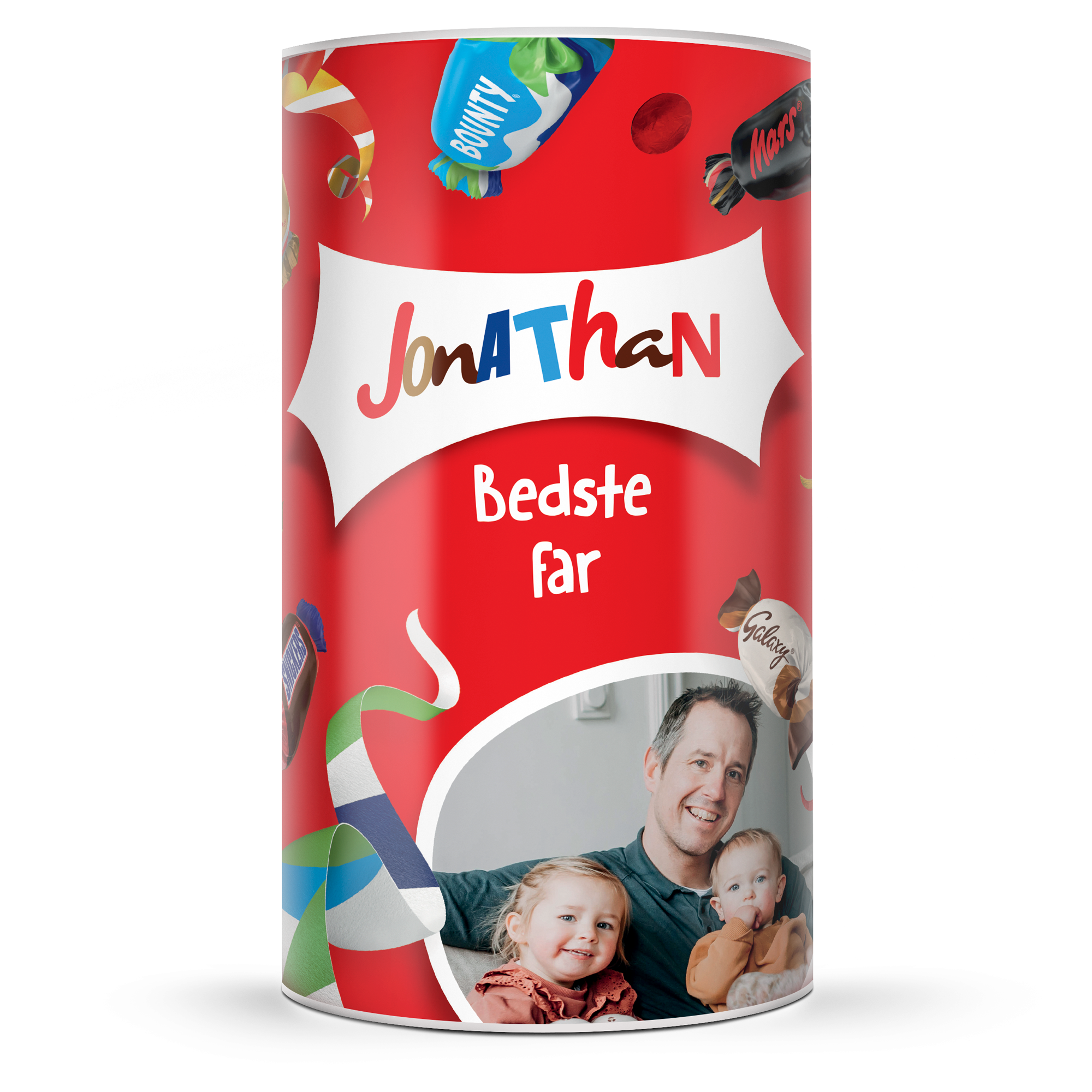 Personlig Celebrations-bøtte med printet foto af en mand og to børn, navn Jonathan og teksten Bedste far.