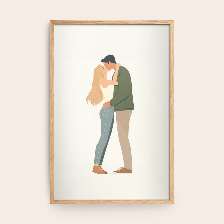 Personalised photo print with frame Personalized photo print with a wooden frame showing a kissing couple illustration