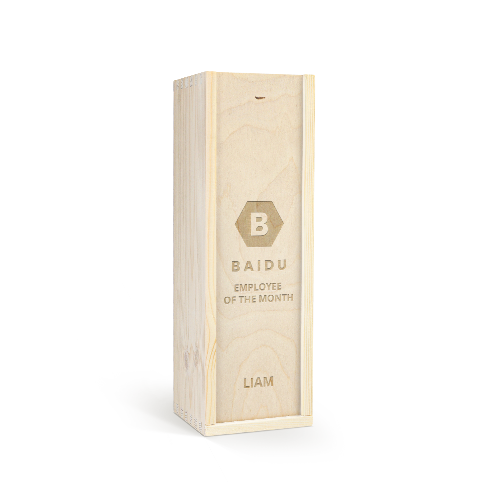 Jameson whisky in an engraved wooden case personalized with the text Baidu Employee of the Month Liam