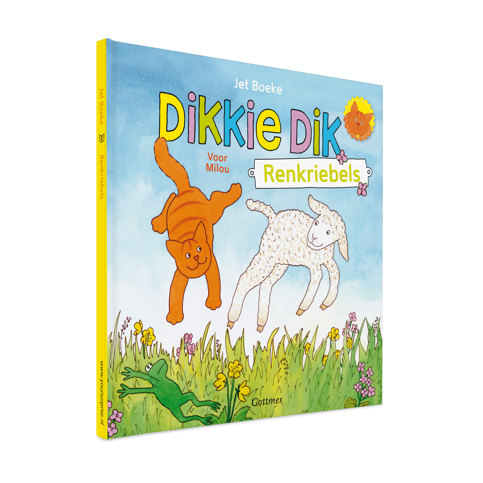 Dikkie Dik de Renkriebels boek, met gepersonaliseerde tekst Voor Milou op de kaft, samen met Dikkie Dik en een lammetje in de lente.