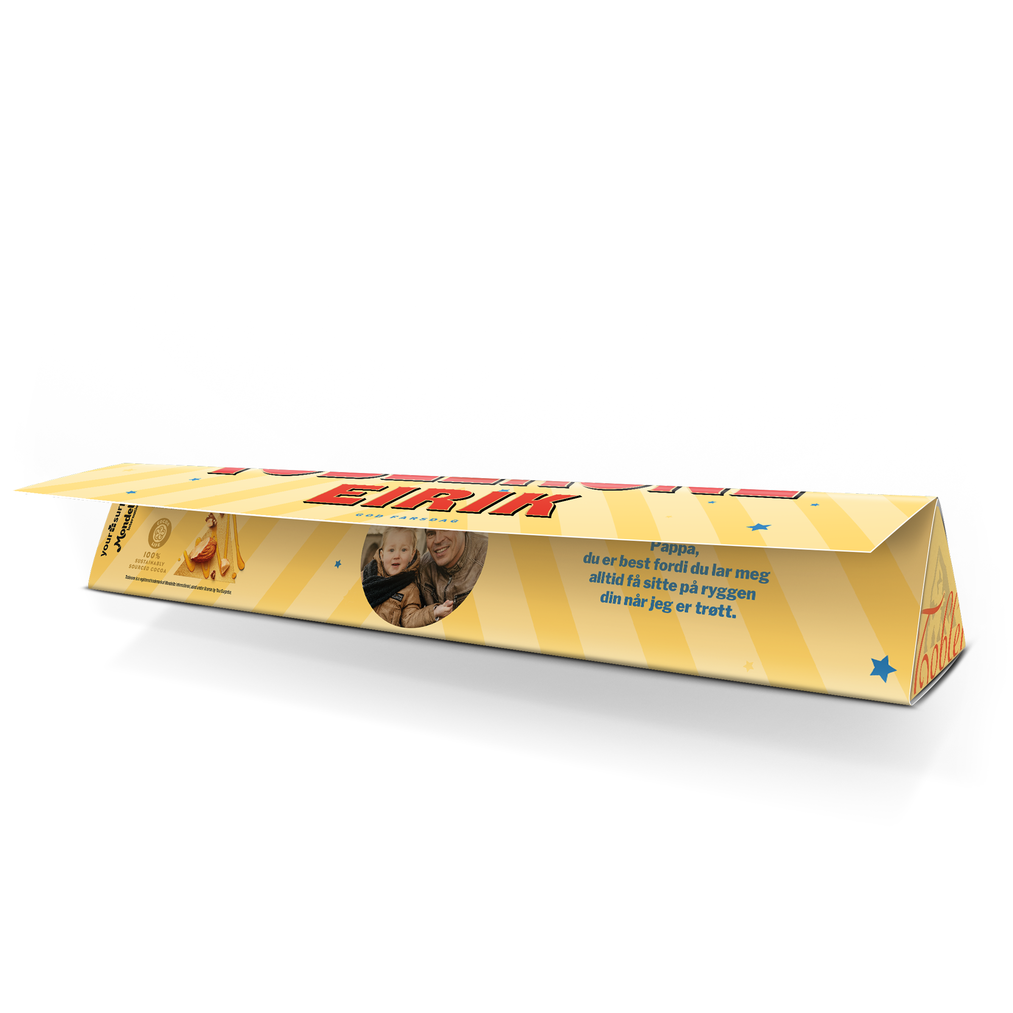 Personlig Toblerone-sjokolade med bilde av far og barn, trykt navn Eirik og hilsen "God farsdag".