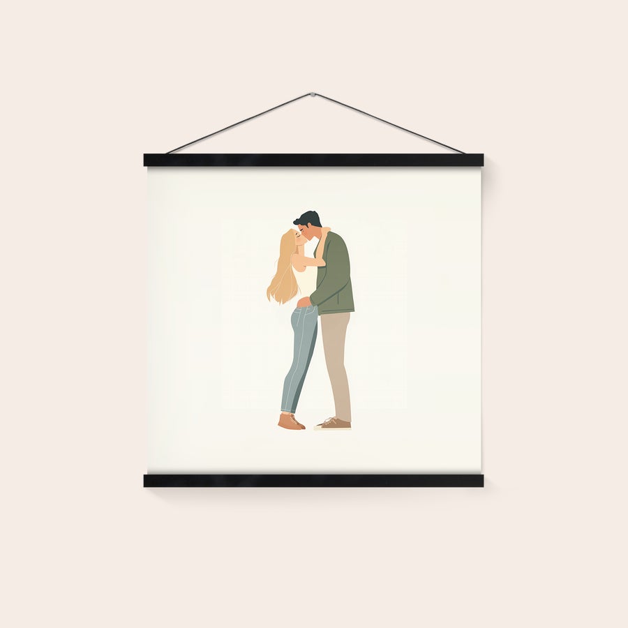 Póster personalizado con colgador Póster personalizado con diseño de pareja besándose impreso en papel de 240 gramos, colgado en la pared con colgador magnético.