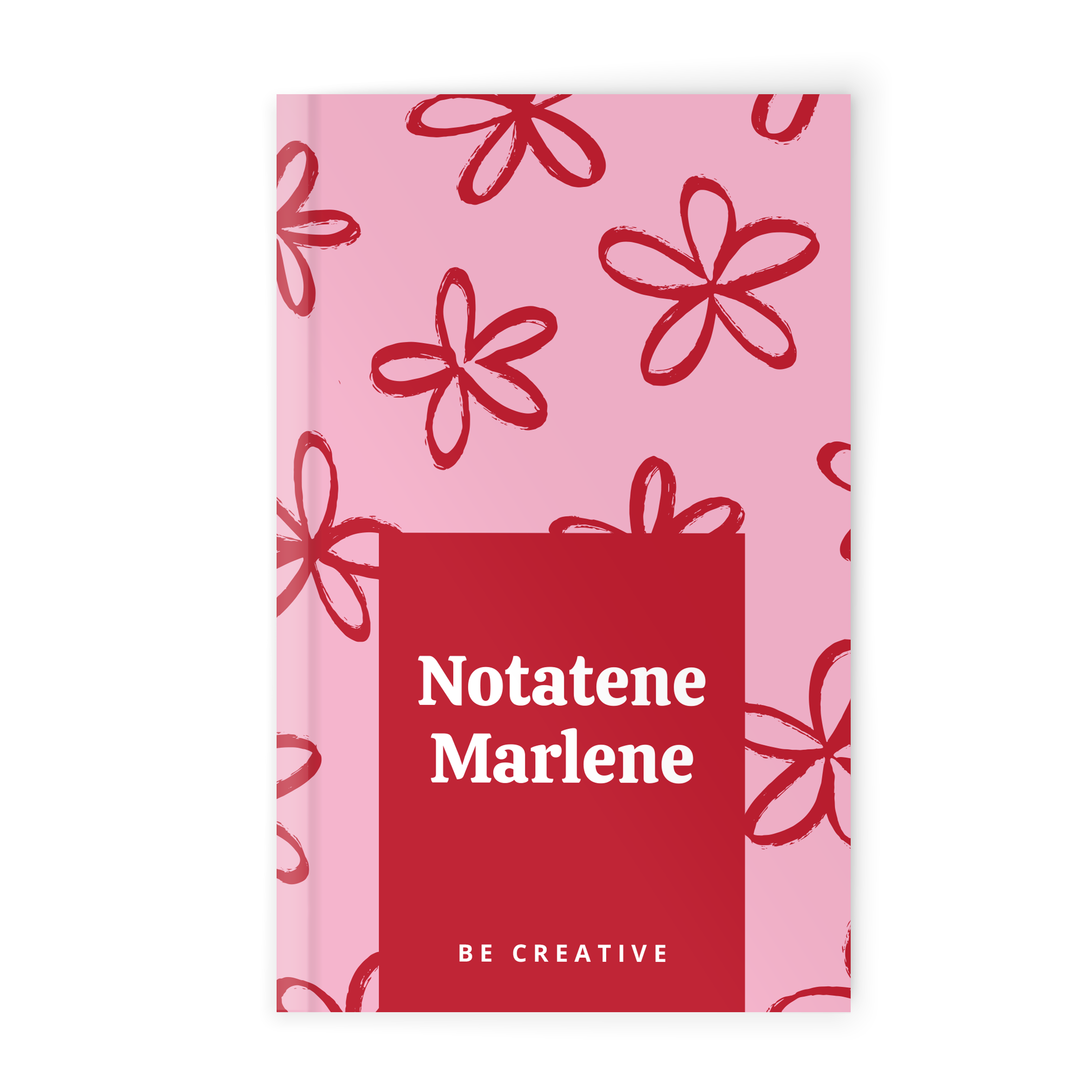 Tilpasset notatbok i rosa med trykte røde blomster, navnet Notatene Marlene og teksten BE CREATIVE