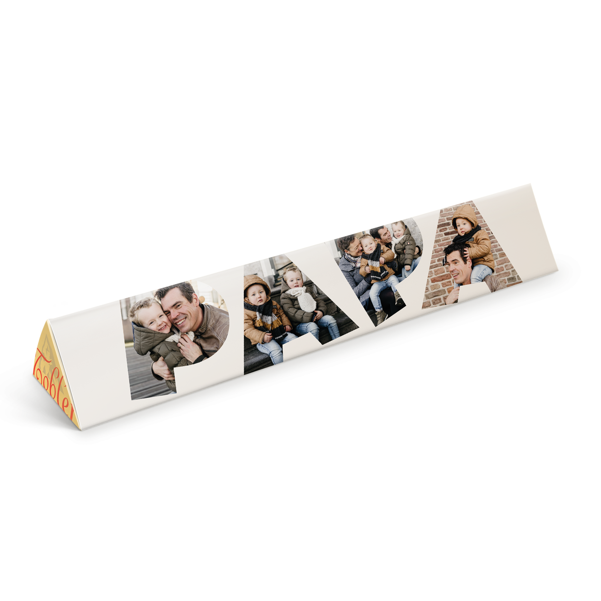 Personalisierte Toblerone Schokolade mit dem Wort PAPA aus Familienfotos gedruckt