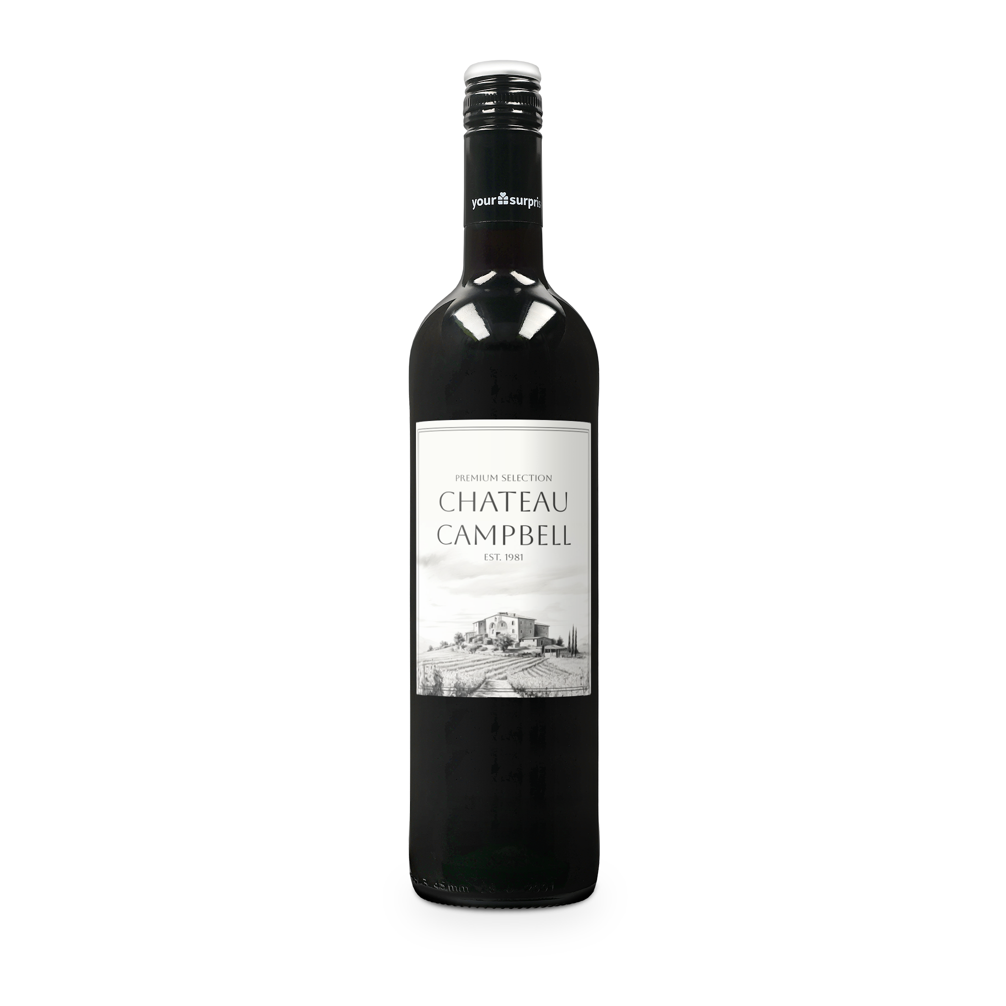 Bottiglia di vino rosso Cabernet Sauvignon con etichetta personalizzata Château Campbell