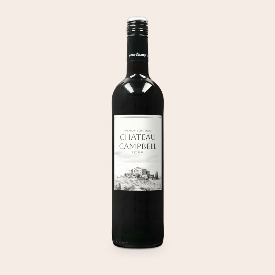 Personalizowane wino Maison de la Surprise Cabernet Sauvignon Butelka wina Luc Pirlet z etykietą Chateau Campbell, personalizowana etykietą ze zdjęciem jako prezent