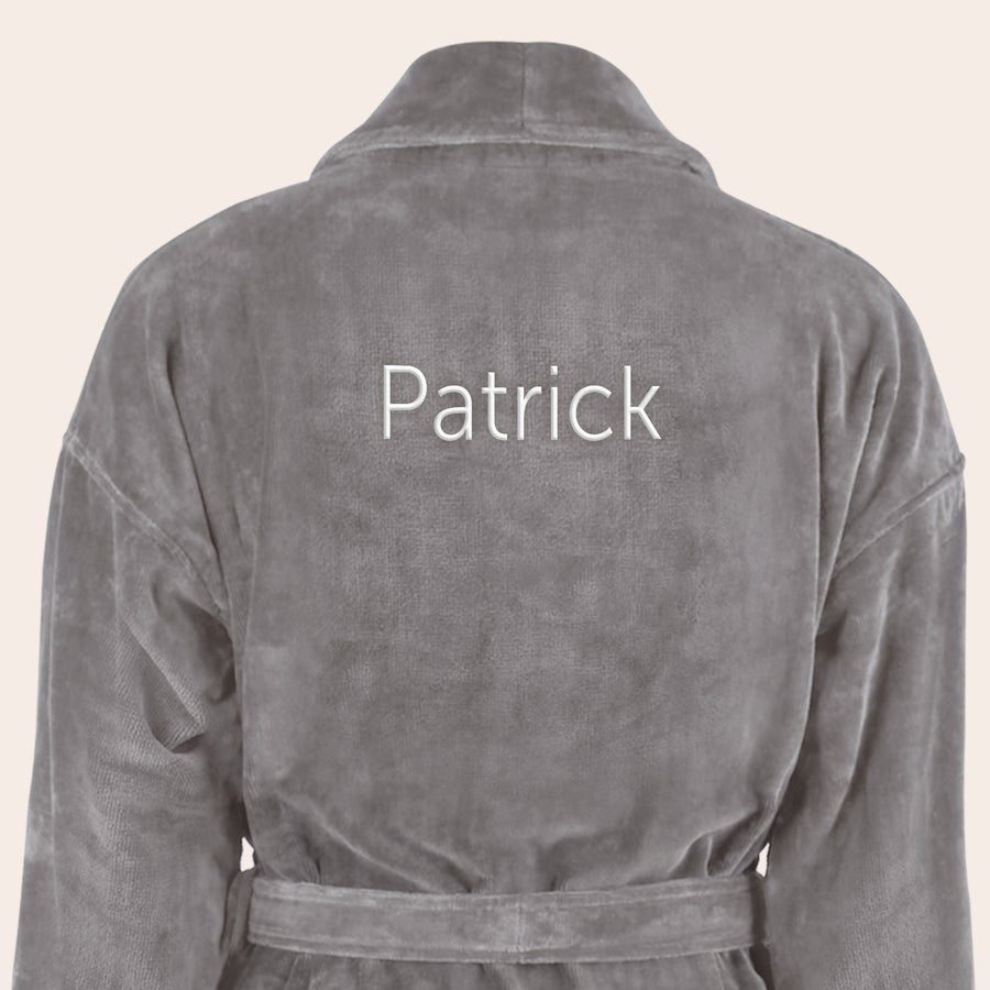 Bathrobe - Men Bathrobe for Men With Text- Grey L/XL, embroidered with the custom name Patrick in white on the back.