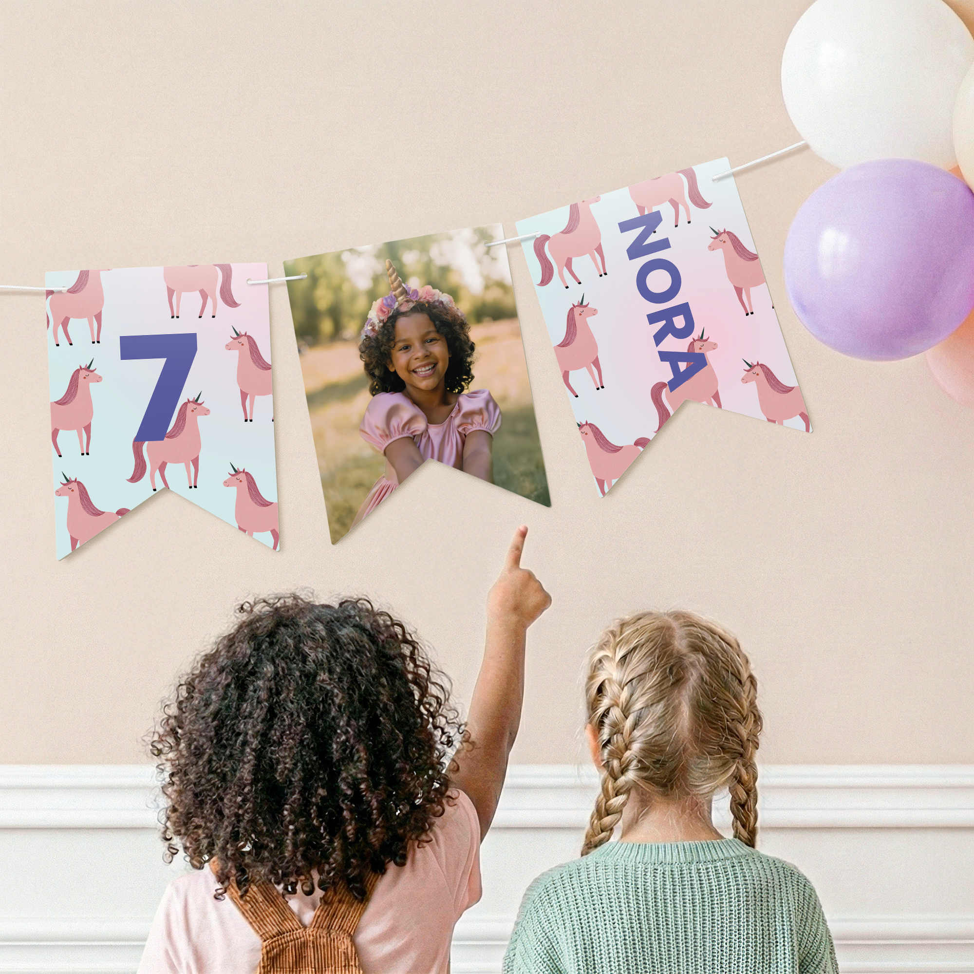 Personalised garland - Flag - M - 5m printed with a child's photo, age 7, and the name Nora with unicorn design