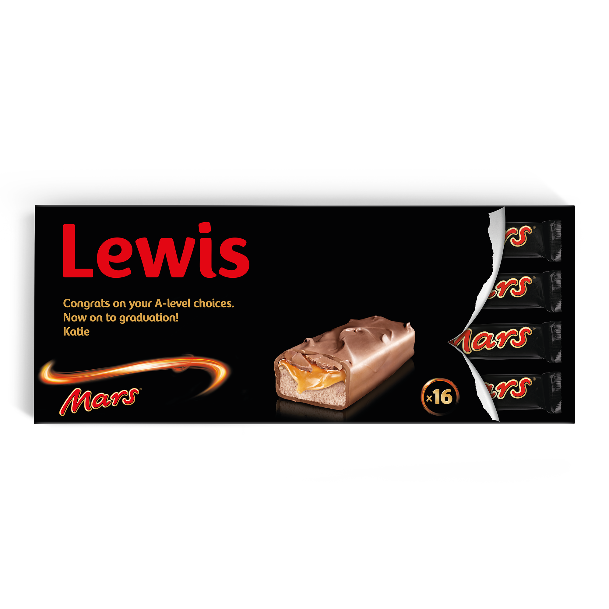 Barra de chocolate XXL Mars personalizada con el nombre "Lewis" y un mensaje impreso.