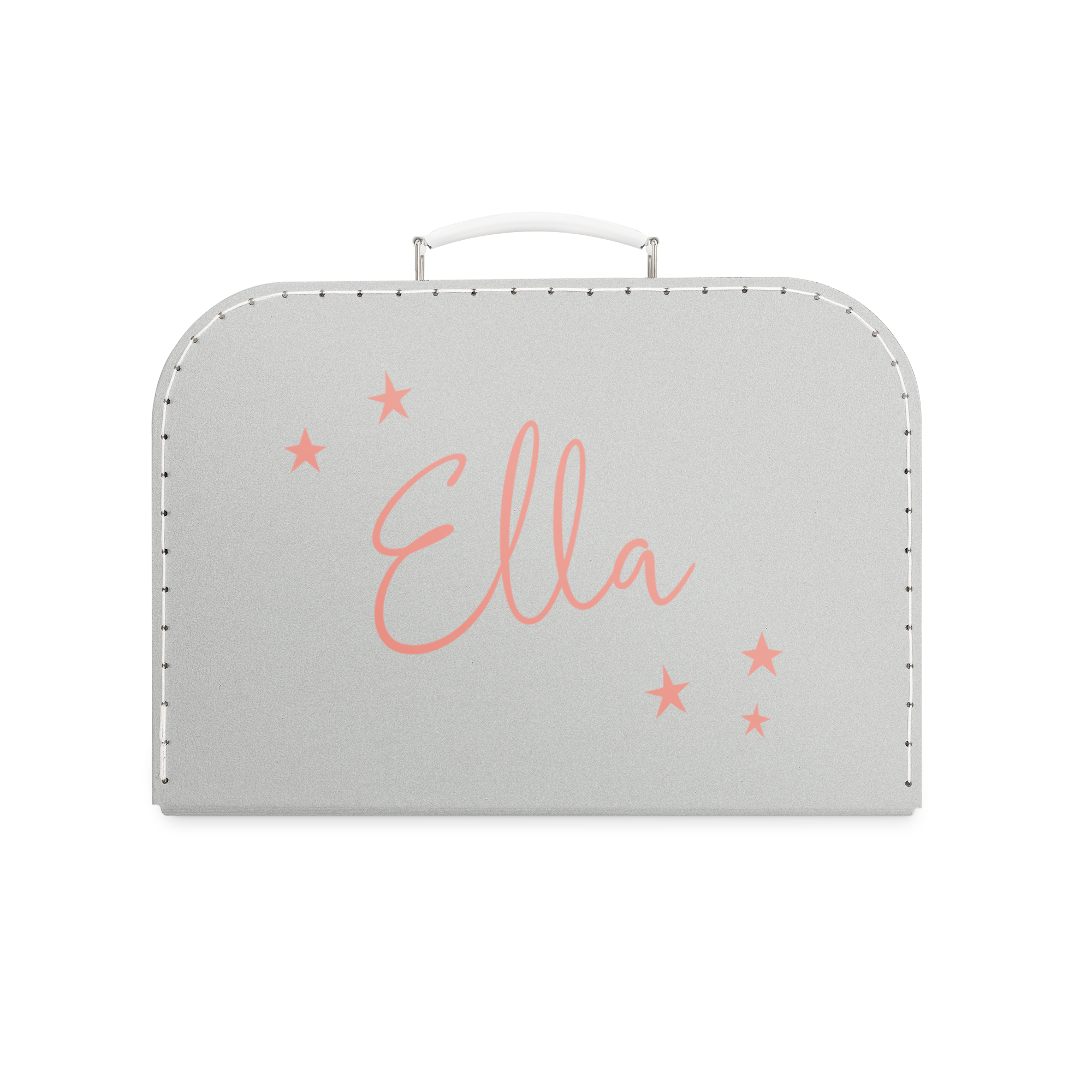 Maleta de juguetes gris con diseño de estrellas rosas, personalizada con el nombre "Ella" impreso en color coral.