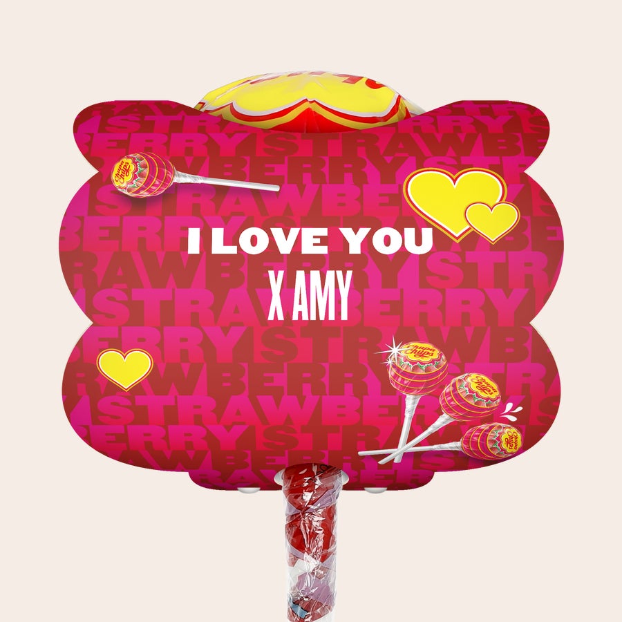 Mega Chupa Chups - personalised Giant personalised Mega Chupa Chups Strawberry with 20 lollys, printed with "I love you X Amy" and hearts.