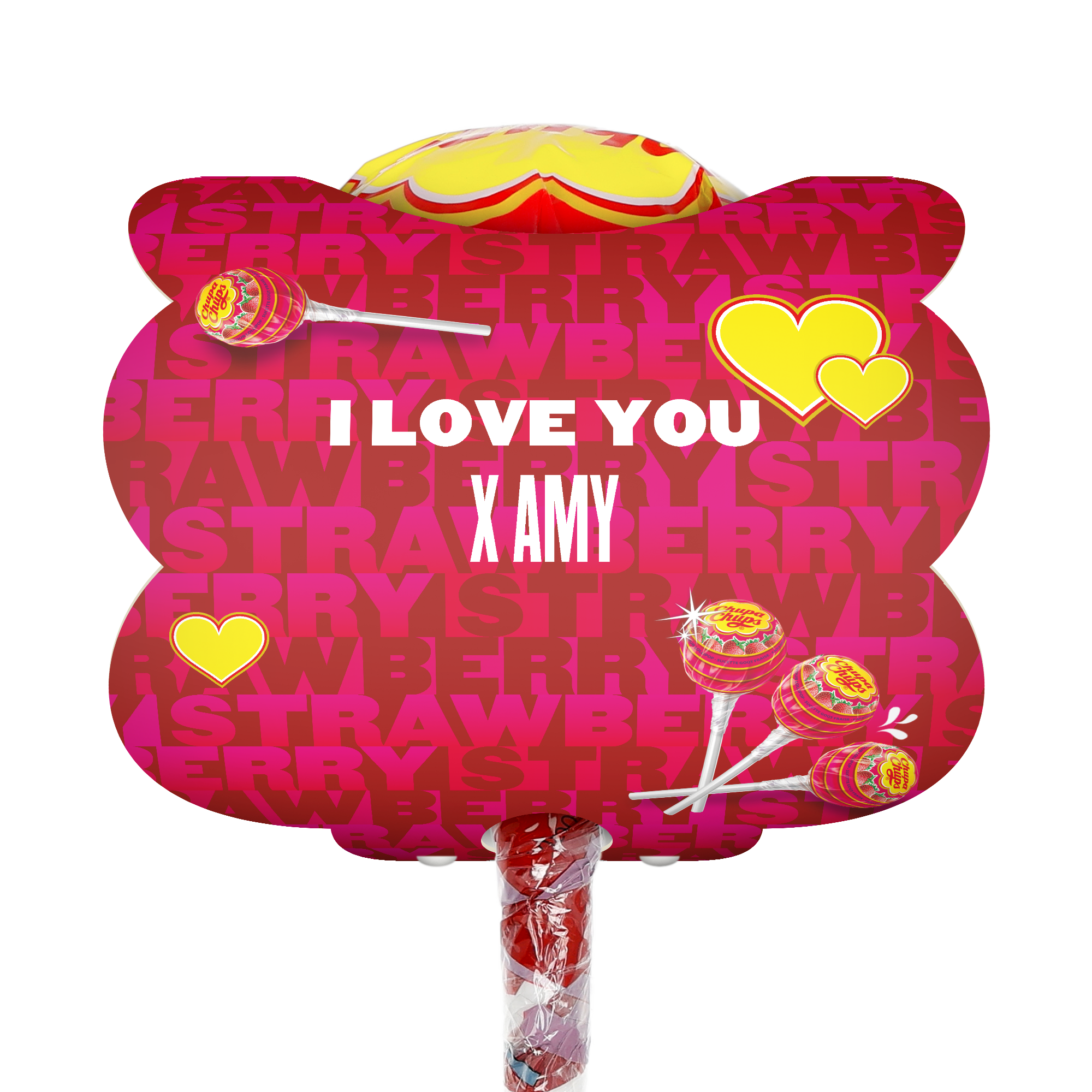 Mega Chupa Chups - personalizado - Morango - 20 pirulitos com mensagem "I love you X Amy" e corações amarelos.