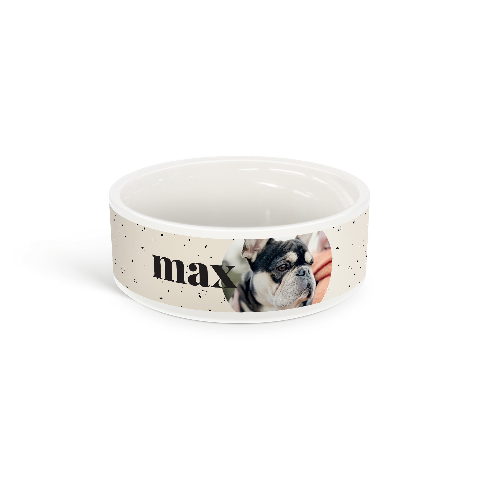 Spersonalizowana miska ceramiczna z nadrukiem zdjęcia psa i imienia Max. Uczyń posiłki wyjątkowymi.
