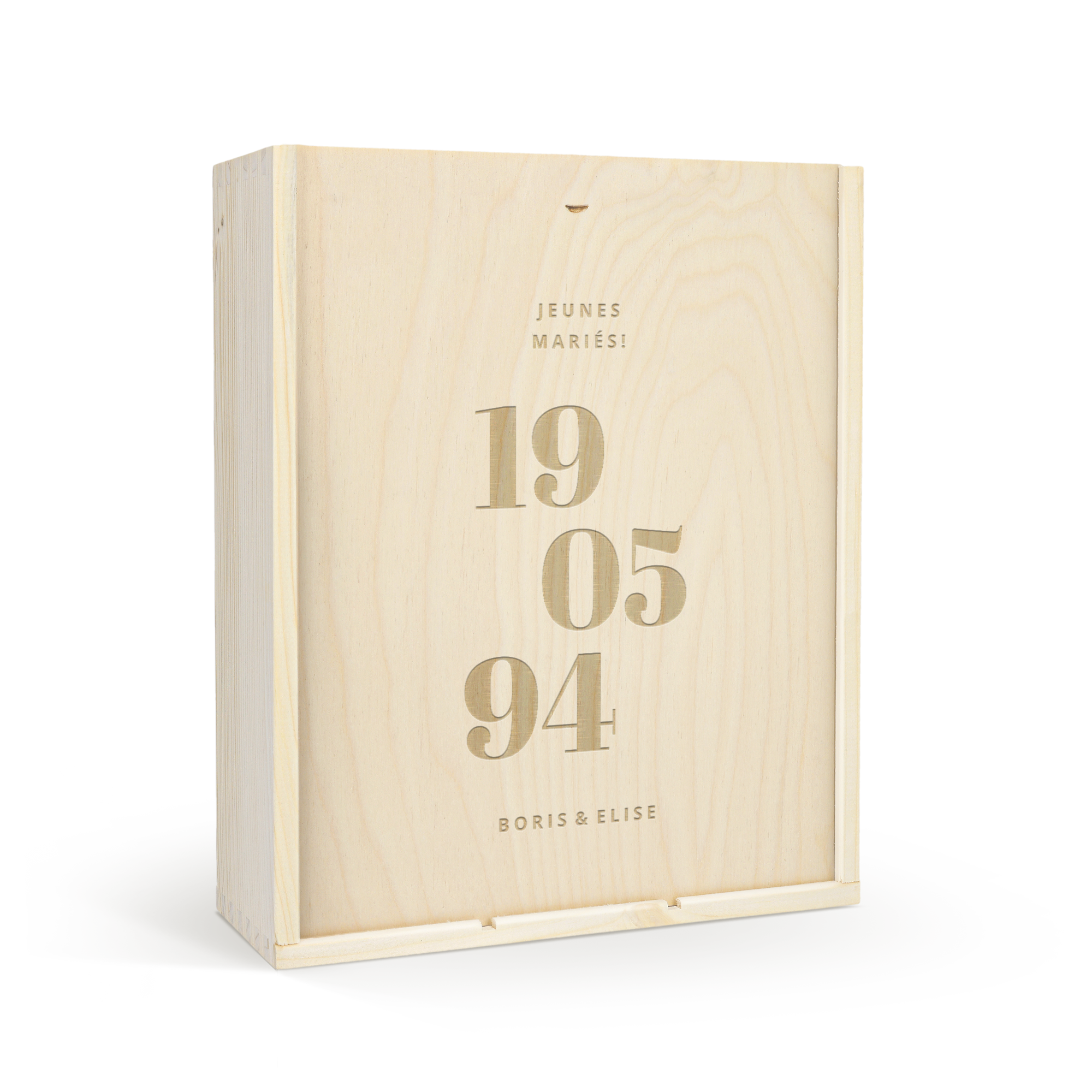 Coffret en bois personnalisé pour cadeau de mousseux René Schloesser, gravé 