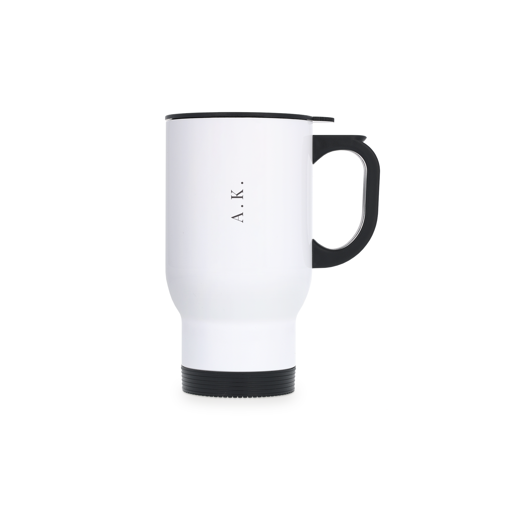 Mug thermos blanc personnalisé avec les initiales AK imprimées, poignée et couvercle noirs. Transformez chaque boisson quotidienne.